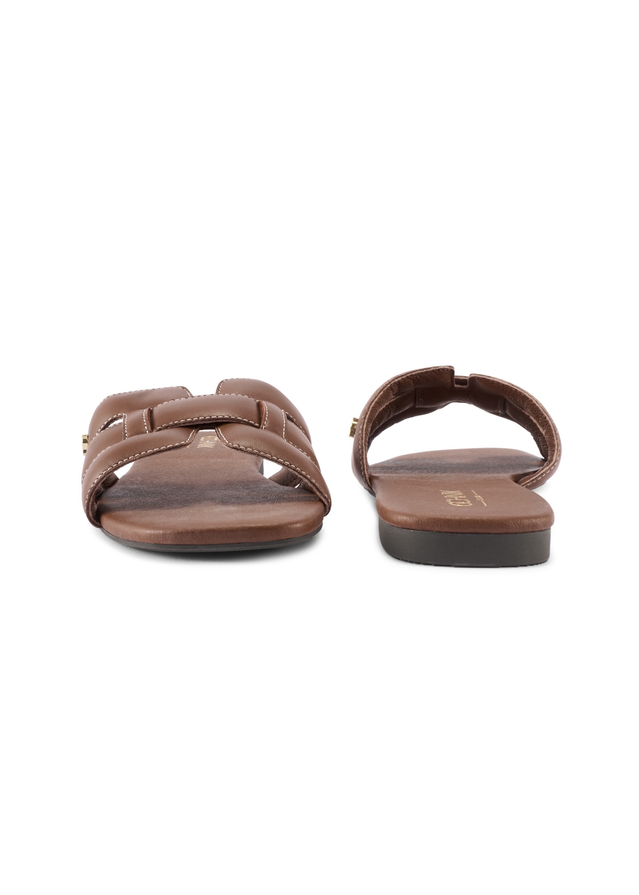 Camel leather women's slides with braid BUTYD-1225-1D(W26), front and back product view on white background.