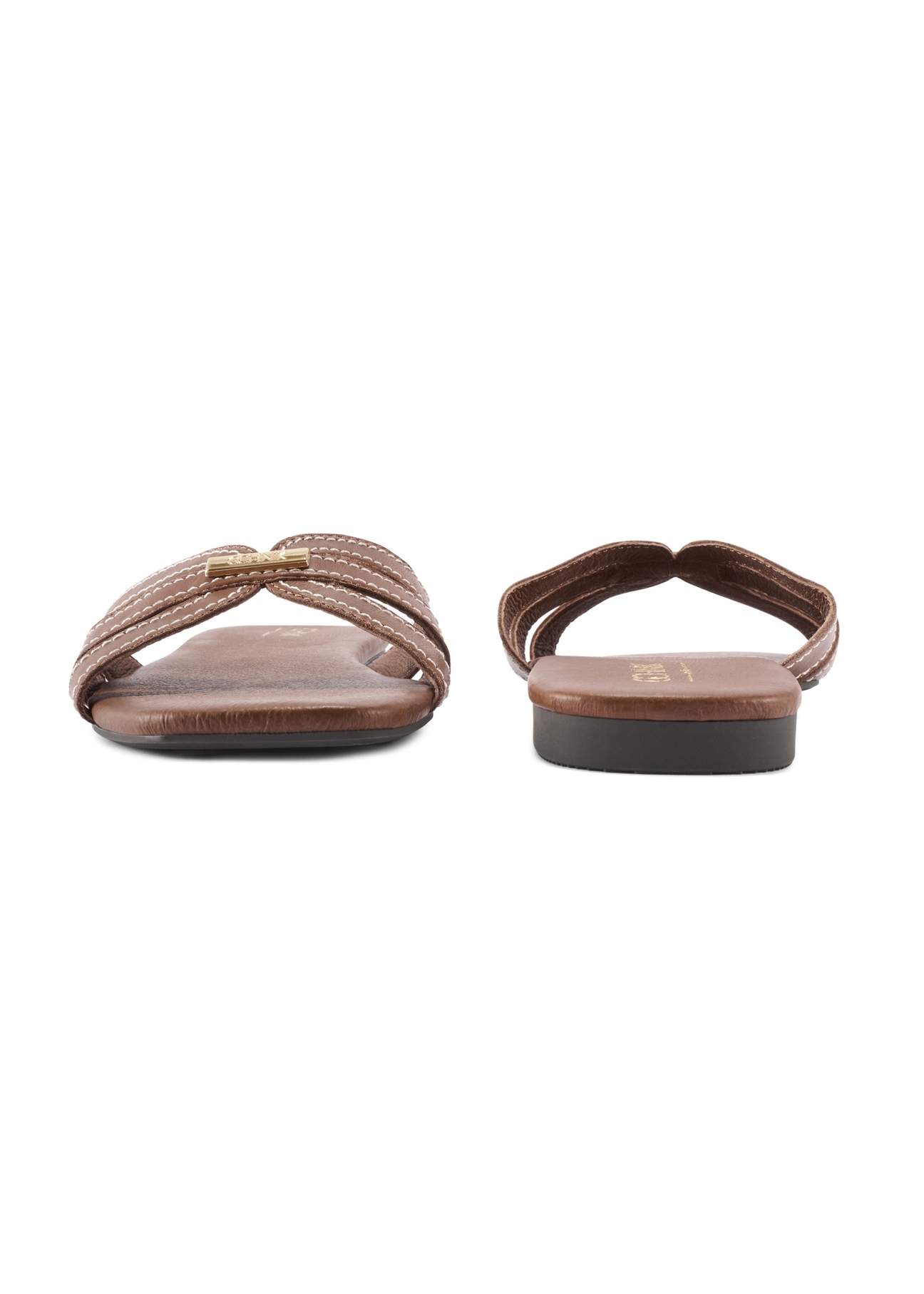 Women's camel flip-flops with stitching BUTYD-1223-1D(W26), front and back view of the product on a white background.