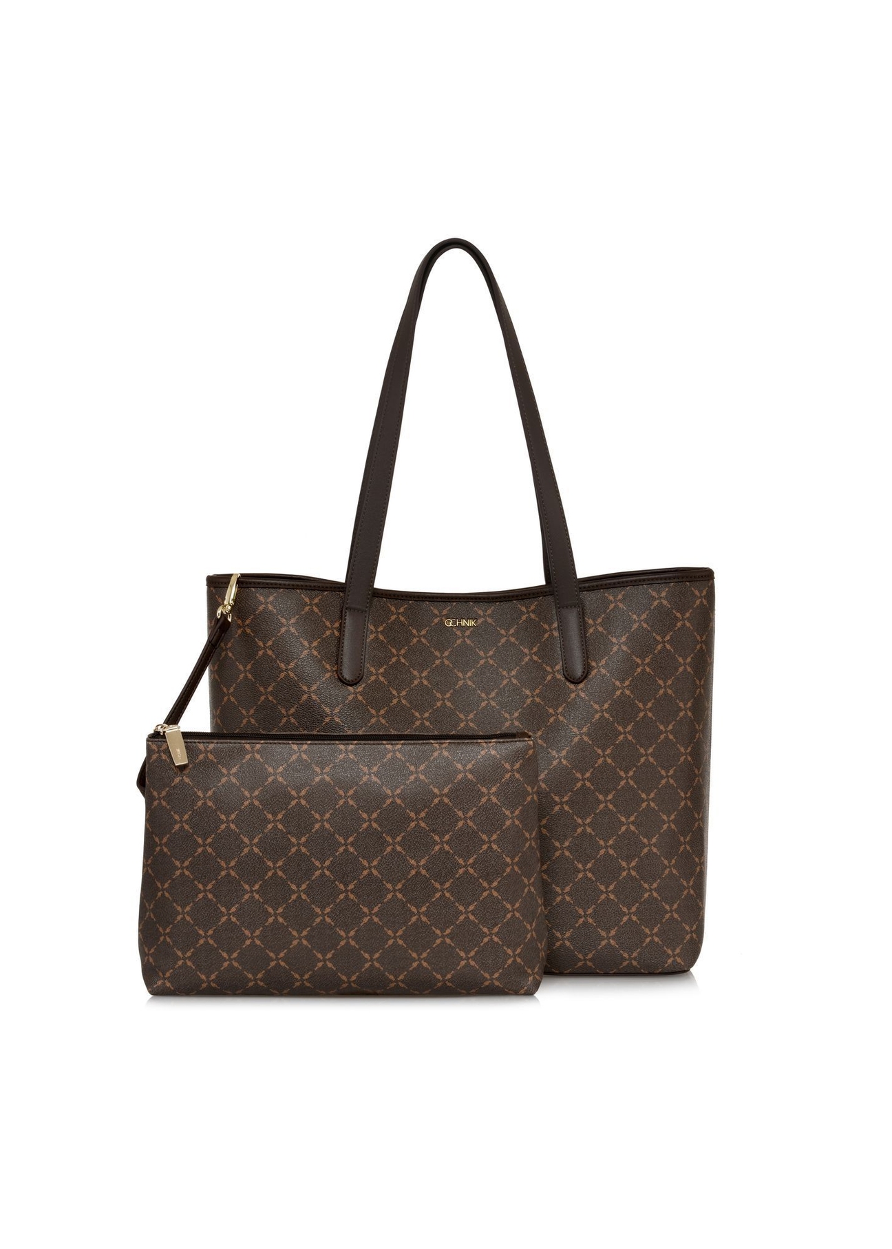 Women's brown shopper bag TOREC-0816A-89(Z25) - product and cosmetic bag view from the front on a white background.