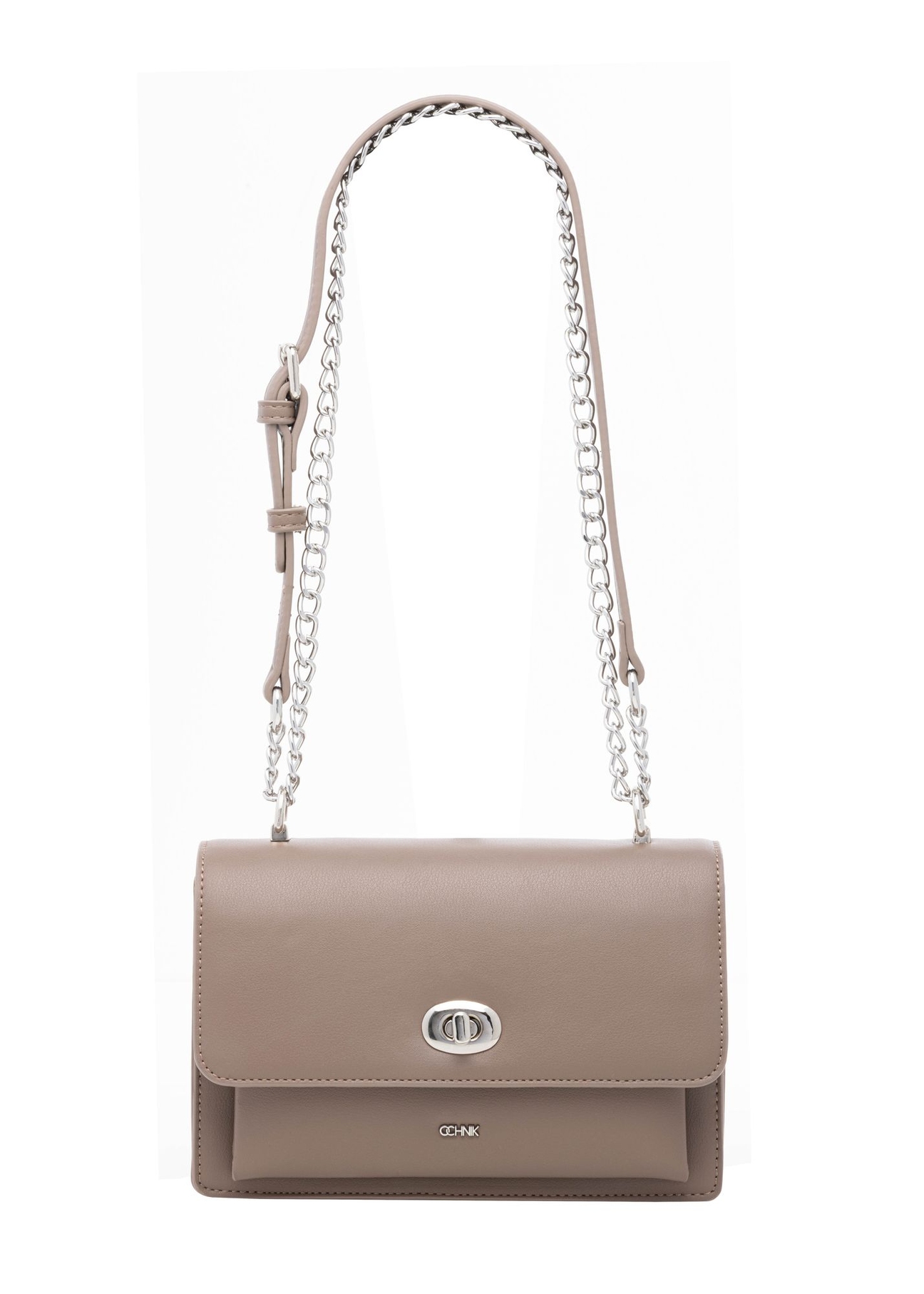 Small women's handbag with an elegant clasp in cool beige color TOREC-1322-1K(Z26) - front product view, on a white background.
