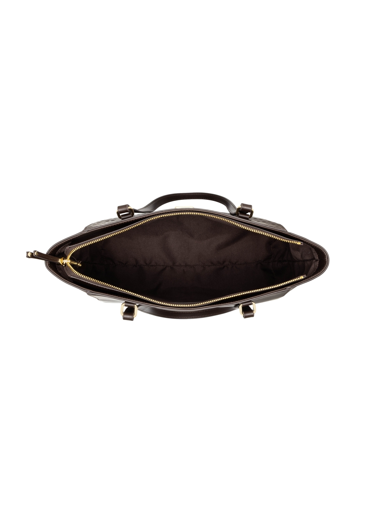 Brown women's shopper bag with monogram TOREC-1291-1I(Z26), product view from above on a white background.