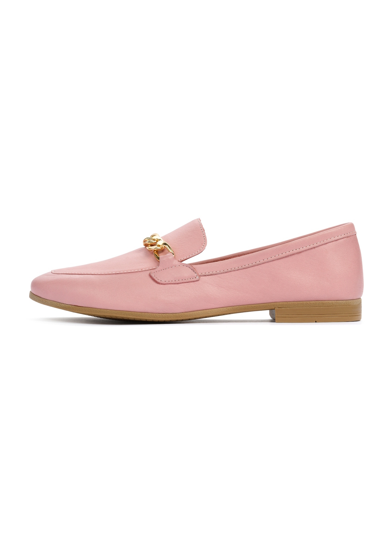 Women's leather pink moccasins with chain BUTYD-0914-31(W25), side view of the product on a white background.