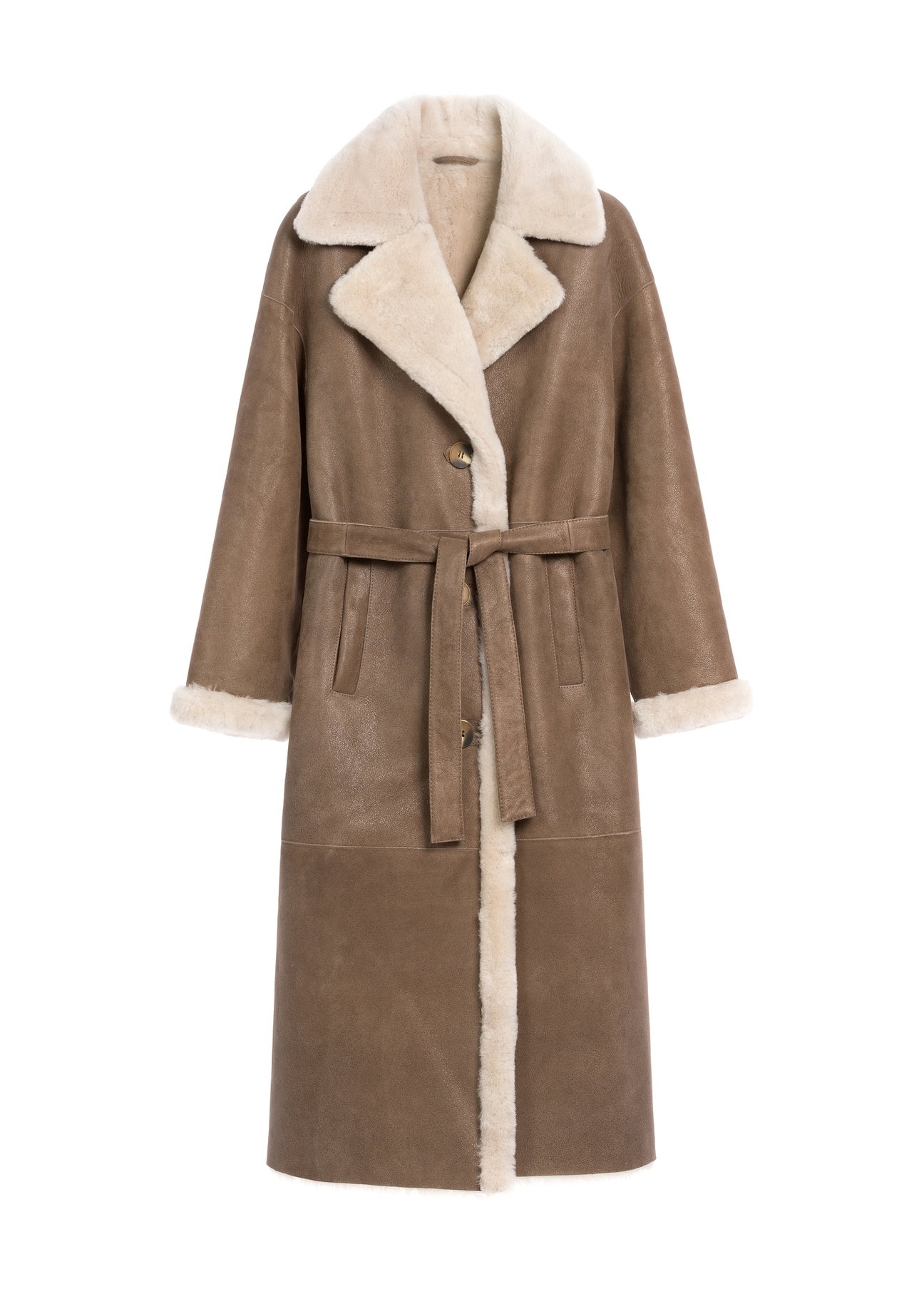 Long classic brown women's sheepskin coat KOZDS-0071-3091(Z25), product view from the front on a white background.