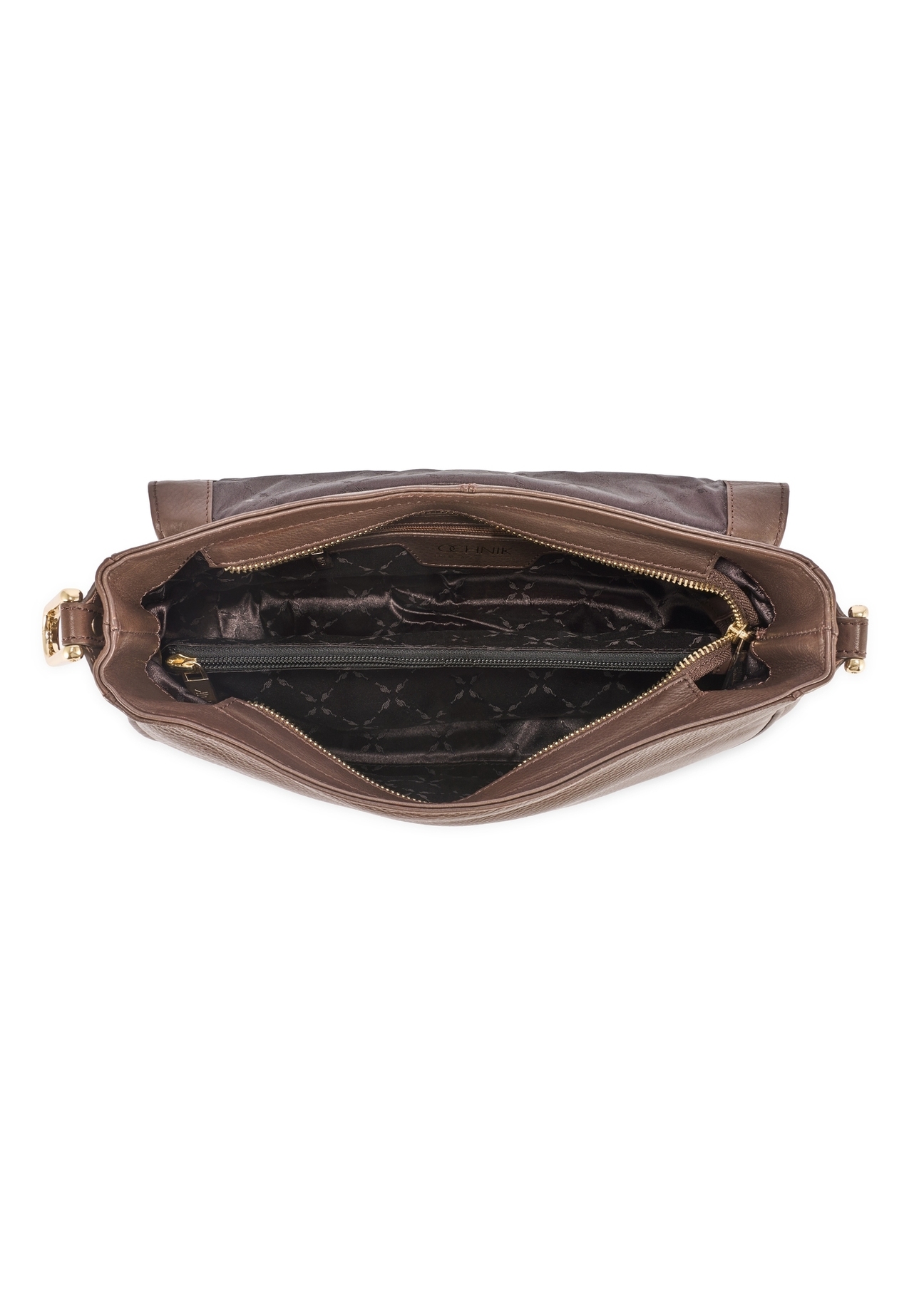 Brown leather women's messenger bag TORES-1253-1I(W26), product view inside on white background.
