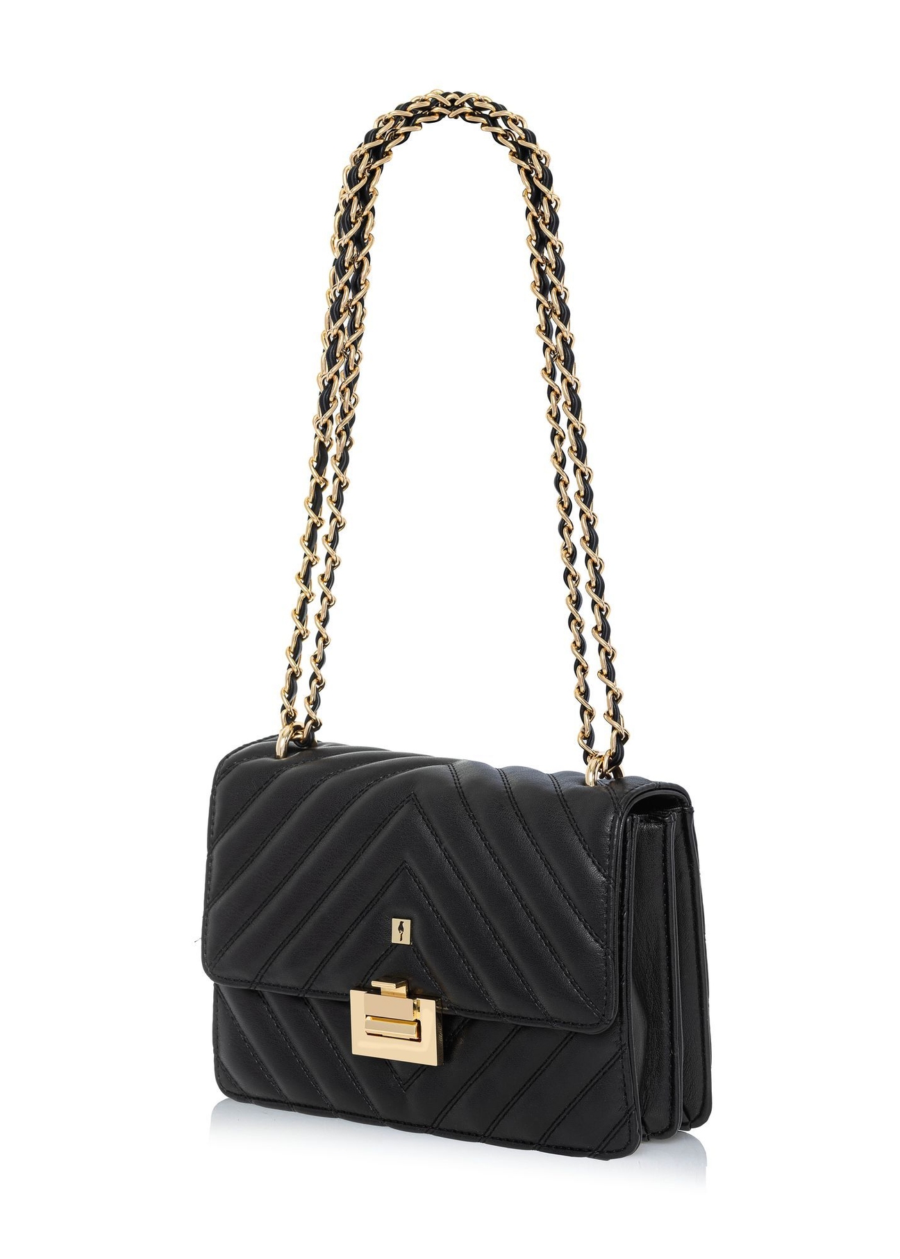 Black quilted women's handbag TOREC-0528D-99(Z25) - diagonal view of the product on a white background.