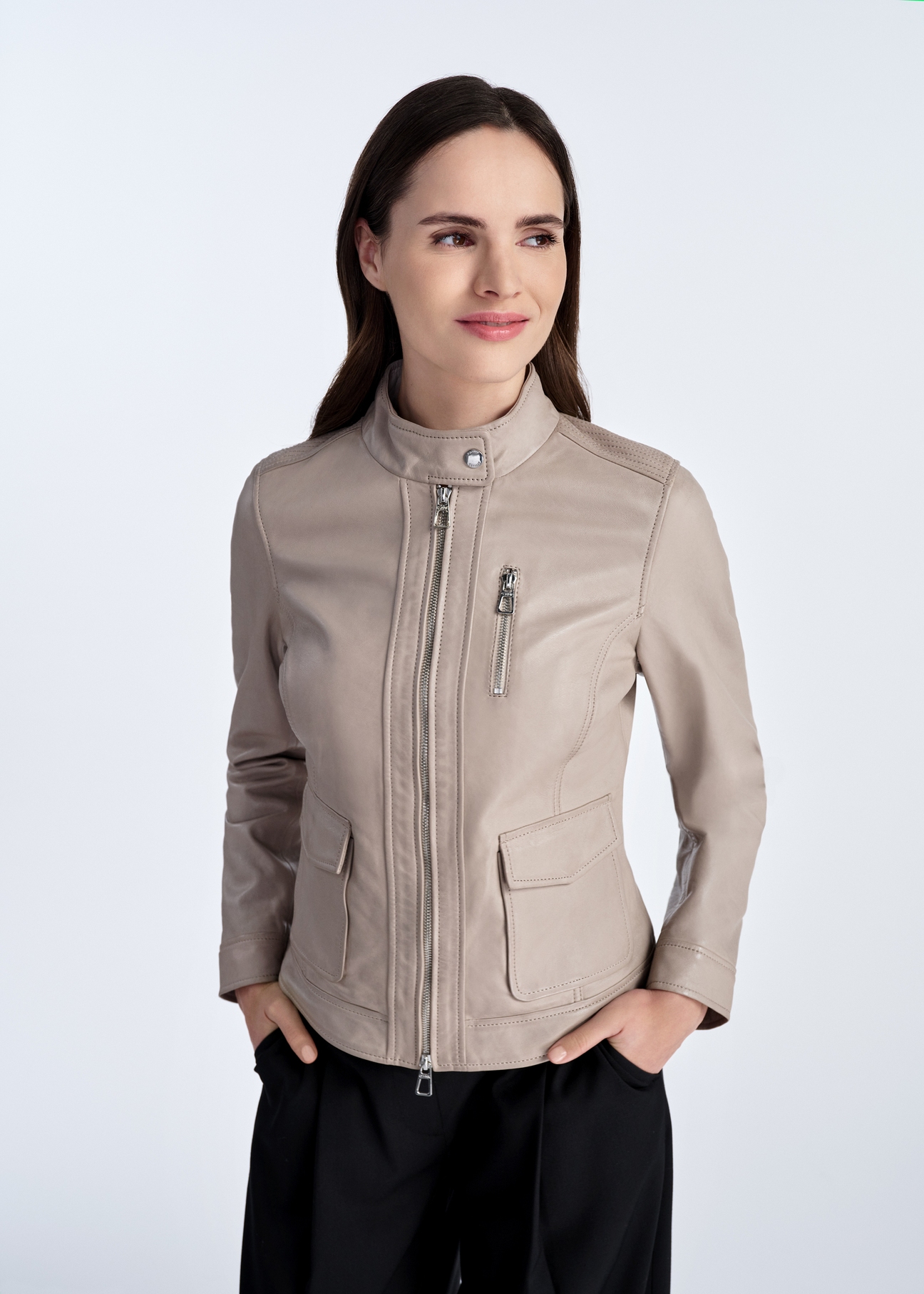 Beige leather biker jacket for women KURDS-0527-2838(W25)-01