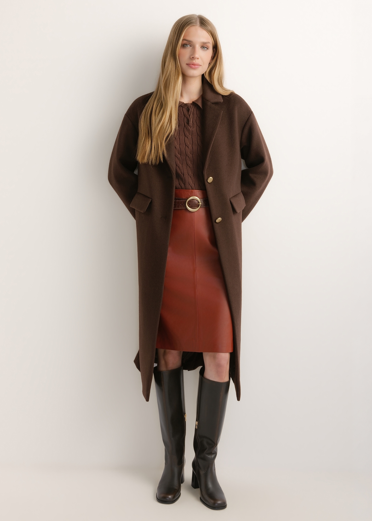 Women's long dark brown wool coat PLADT-0085-1I(Z26), front view of the product on the model. Full body visible.