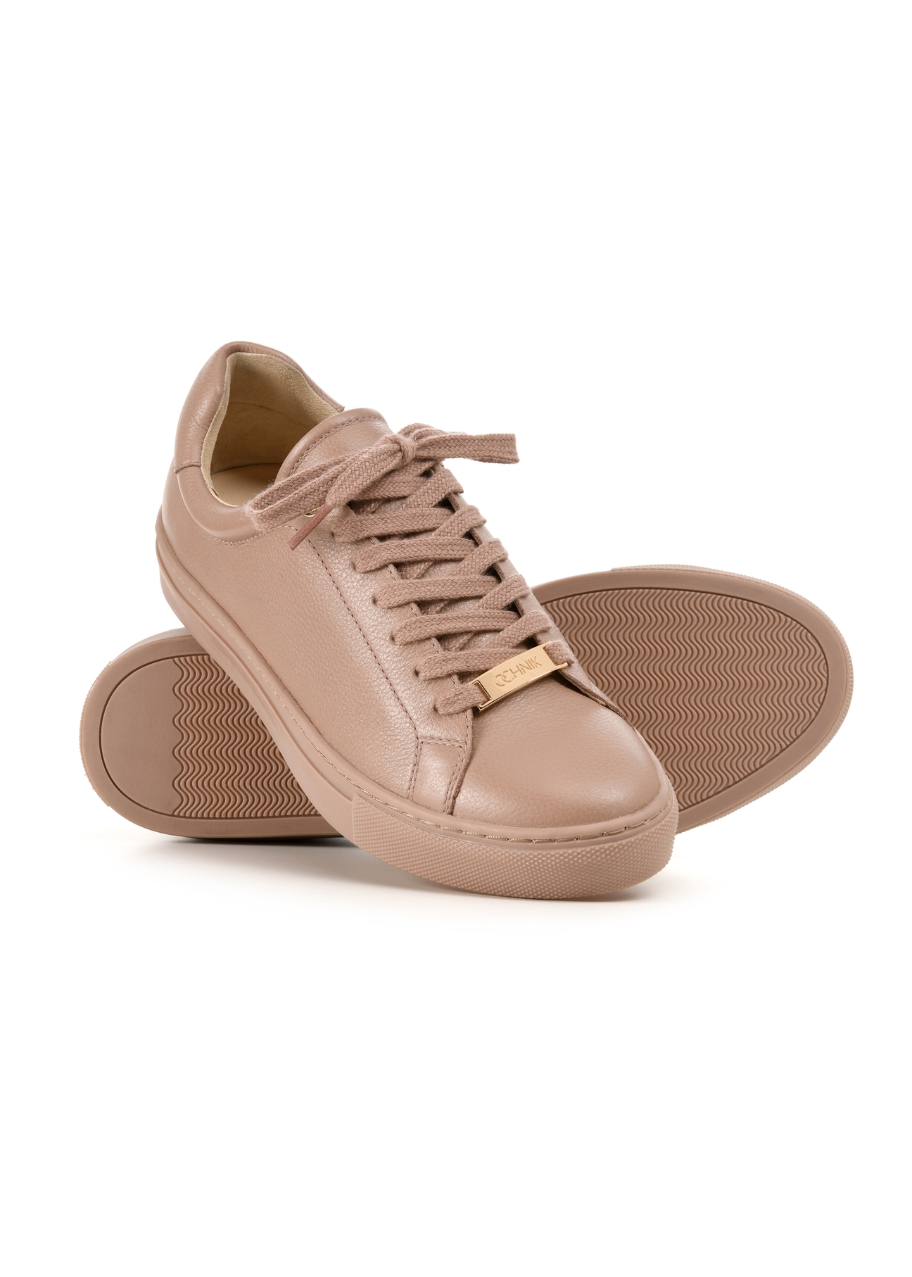 Women's pink leather sneakers BUTYD-1068-5D(W26), diagonal product view on white background.