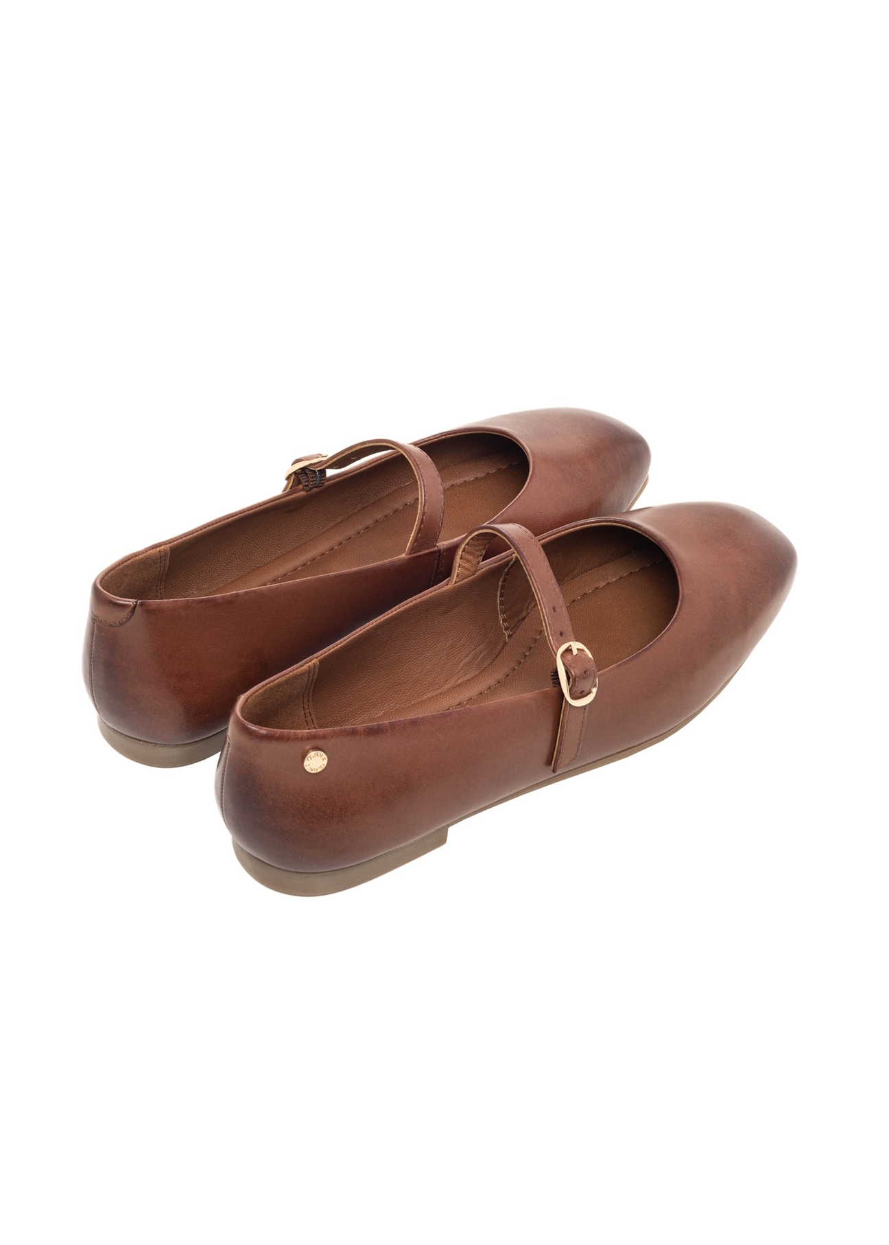 Leather brown ballet flats with belt BUTYD-1145-1H(Z26), back view of the product on a white background.