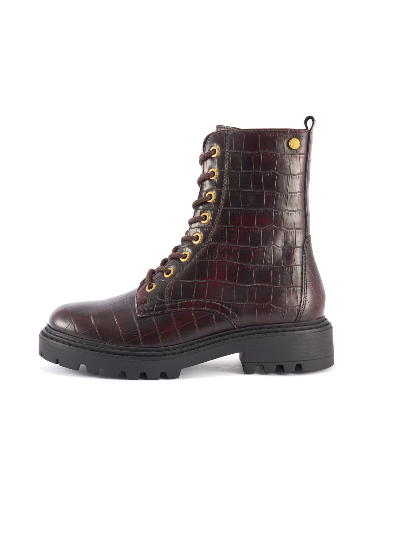 Burgundy women's croco ankle boots BUTYD-1192-4E(Z26), side product view on white background.