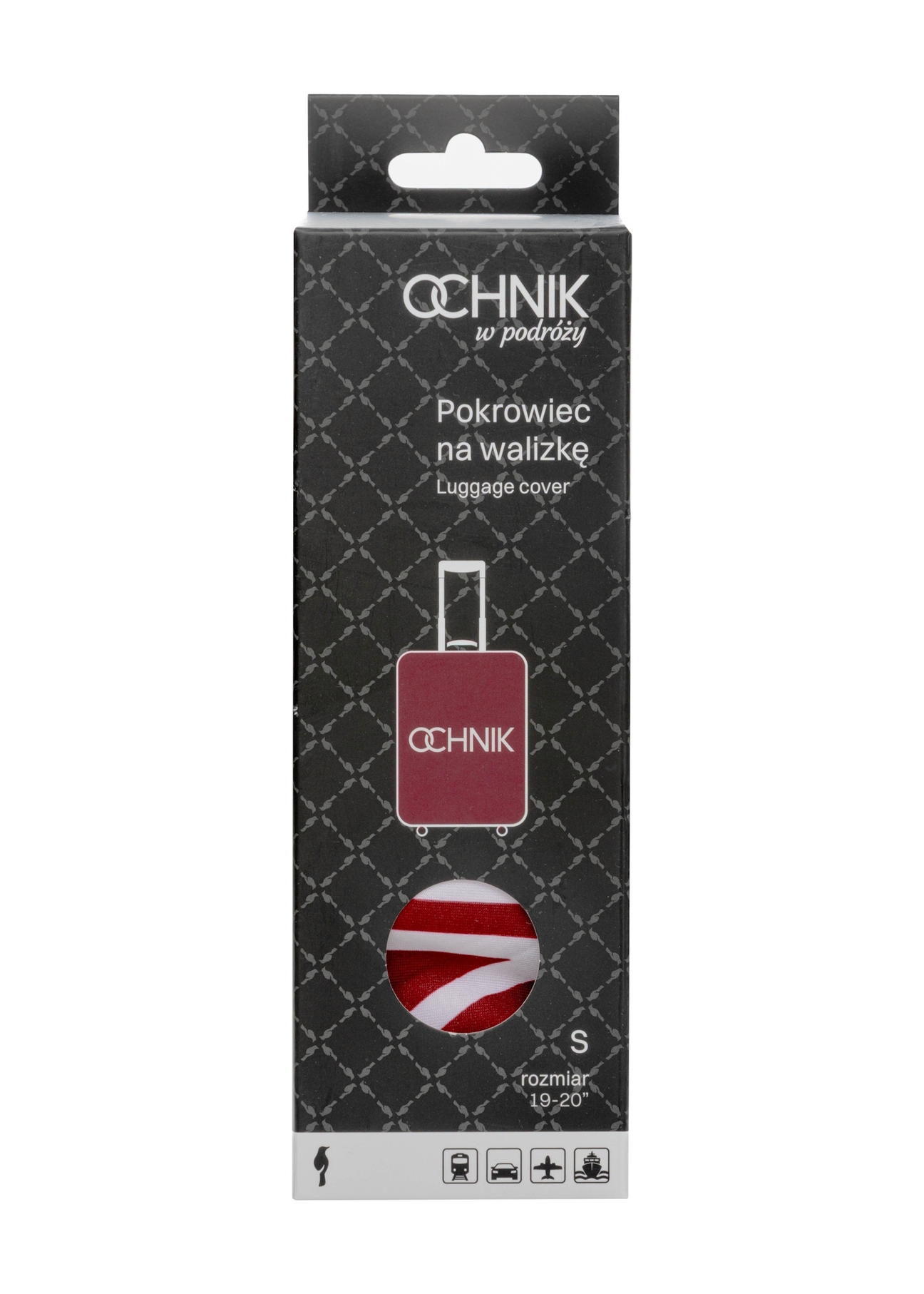 Red cover for a small suitcase with the AW-013-0002-4B-S(W26) logo, view of the product in the packaging on a white background.