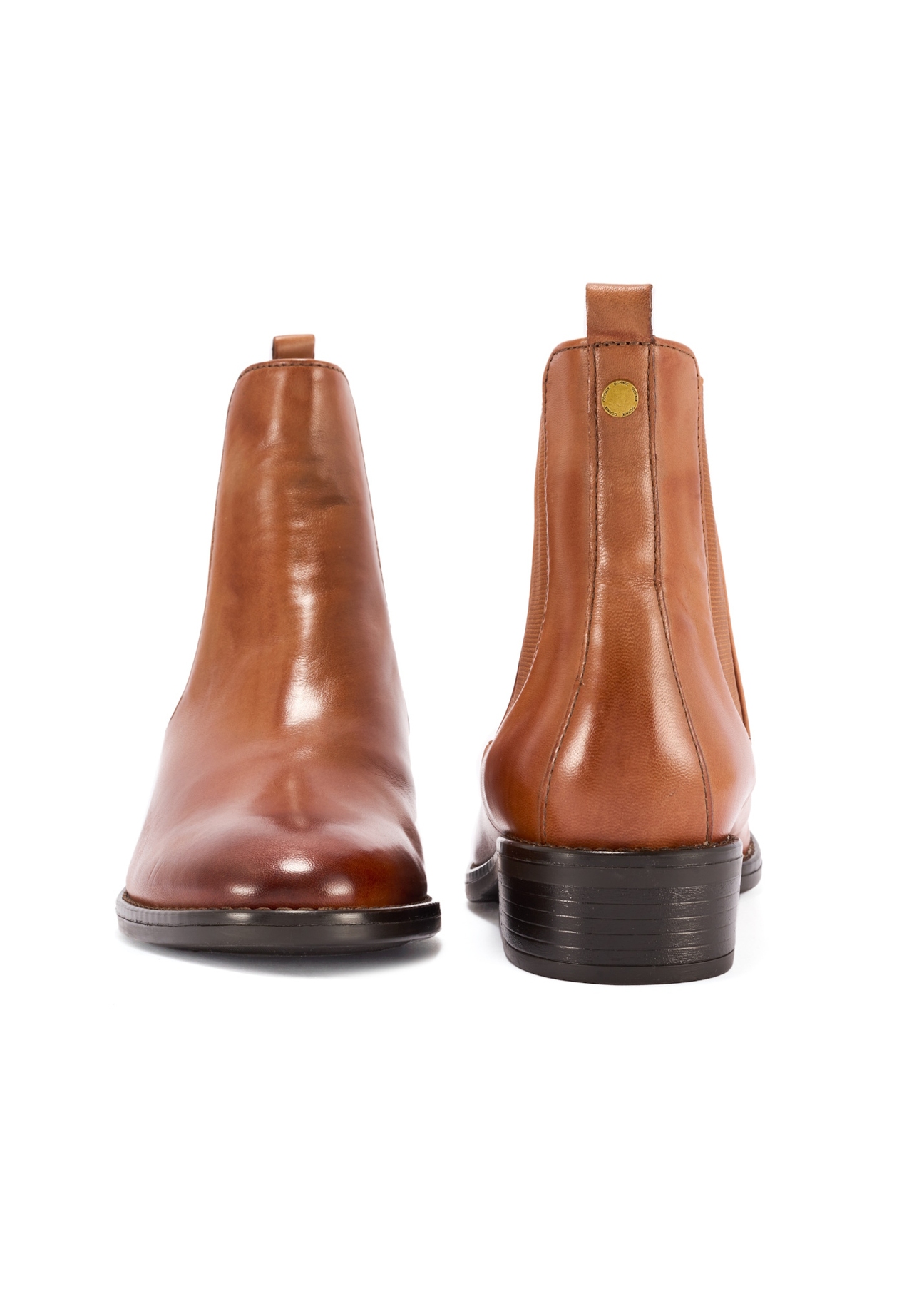 Women's leather ankle boots in cognac color BUTYD-0936A-87(Z25), front and back view of the product on a white background.