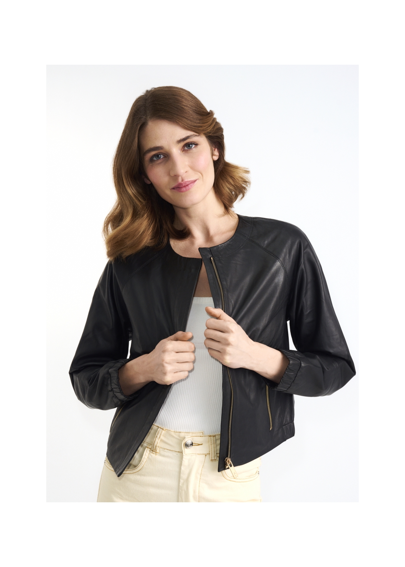 Women's leather jacket with welts KURDS-0308-5608(W22)-01