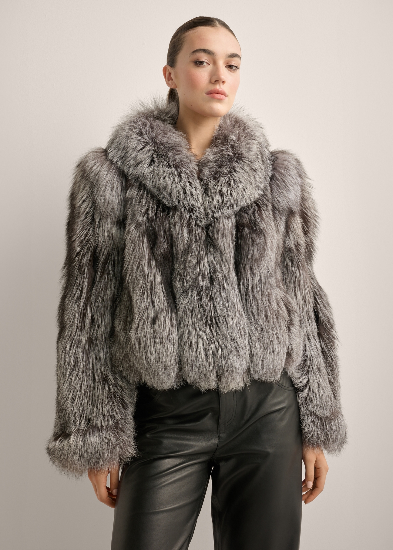 Women's natural gray fur coat FUTDF-0110-9B(Z26), front view of the product on a model. Half of the silhouette visible.