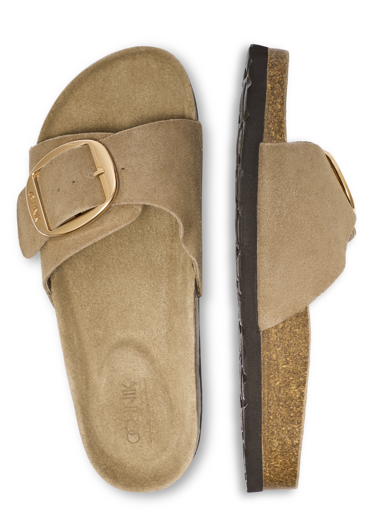 Women's leather flip-flops in cool beige color BUTYD-1157-1K(W26), product view from above on a white background.