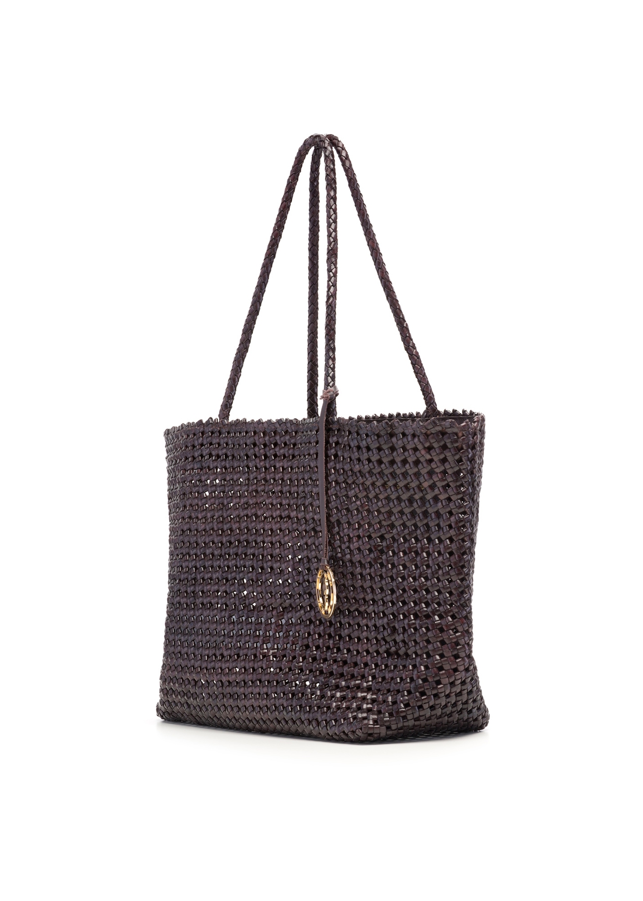 Brown leather woven handbag TORES-1300-1I(W26), diagonal product view on white background.