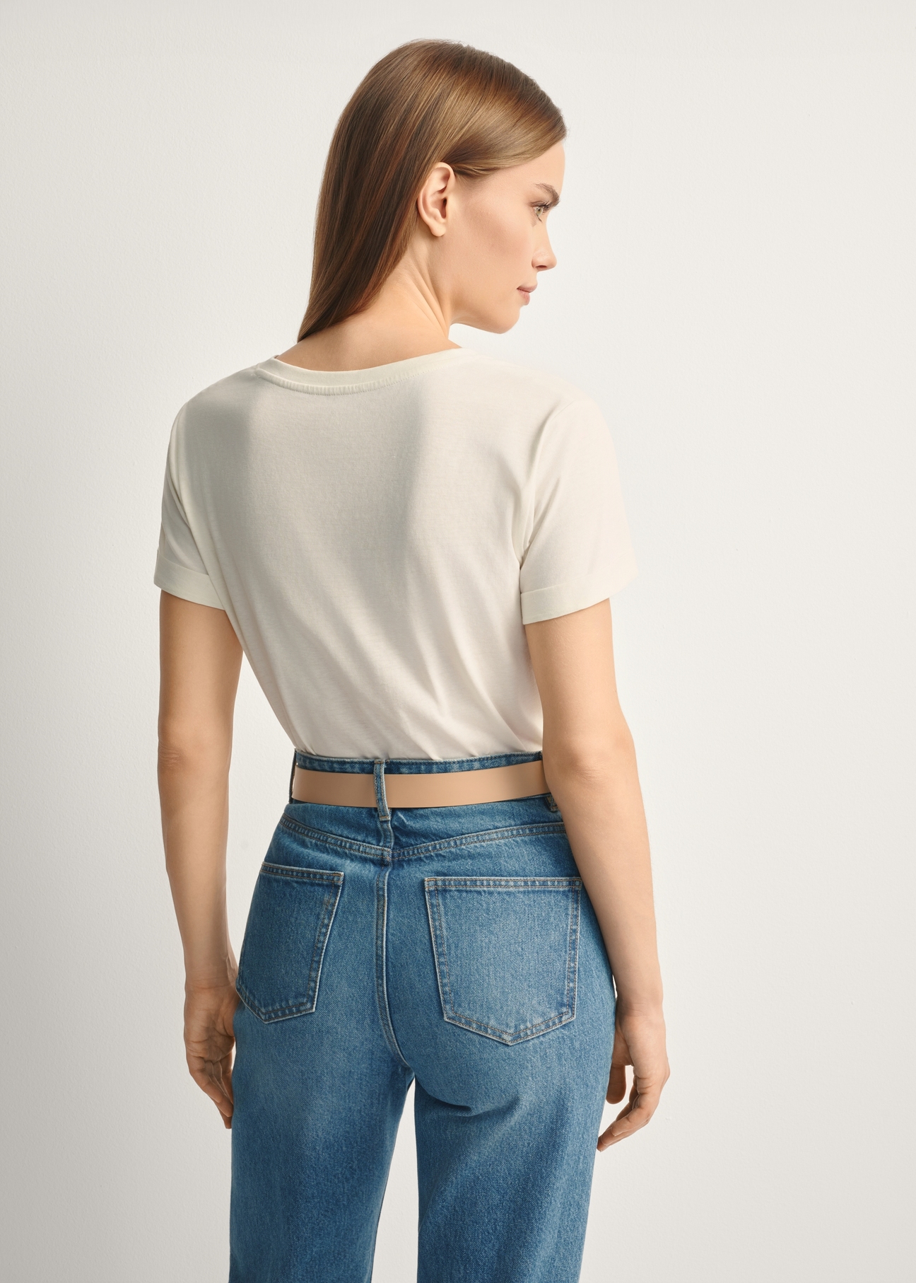Cream women's t-shirt TSHDT-0149-12(Z25), product view from the back on the model, half of the silhouette visible.