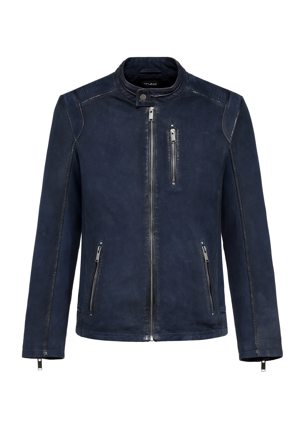 Navy blue men's genuine leather jacket KURMS-0369-2846(W25), front product view on white background.
