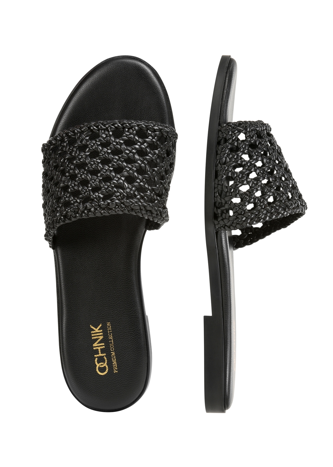 Women's black braided flip-flops BUTYD-1253-99(W26), product view from above on a white background.