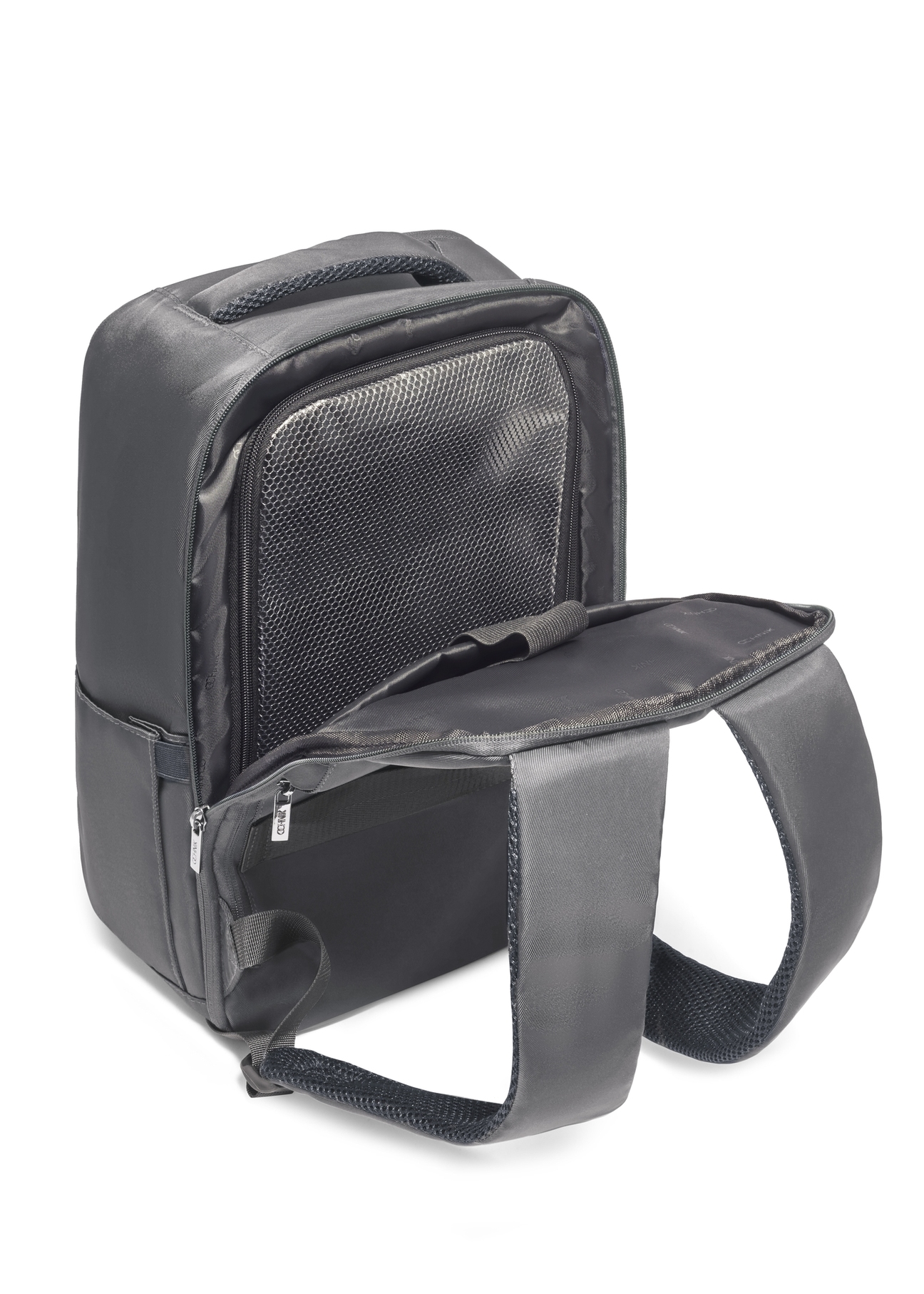 Gray PLCMN-0014-9D(Z26) airplane backpack. Back view, diagonally open, on a white background.