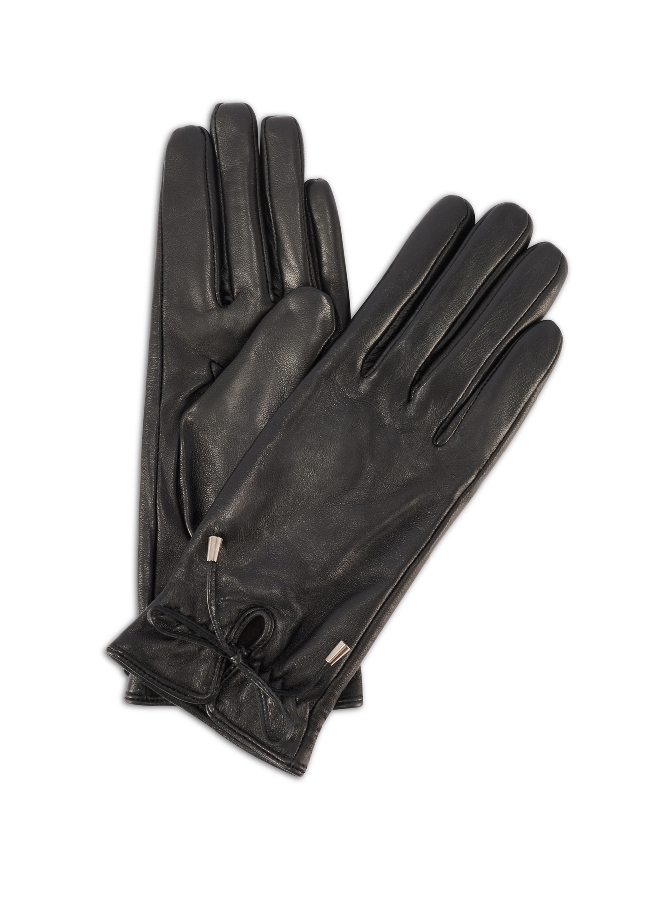 Women's leather gloves with ties REKDS-0021A-99(Z25), product view from the front and back on a white background.