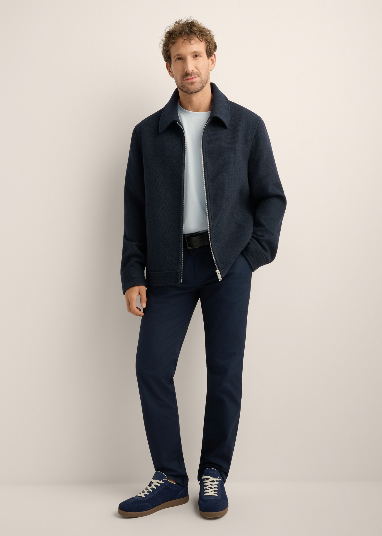 Navy blue men's wool coat PLAMT-0010-7D(Z26). Front view of the product on a model. The entire silhouette is visible.