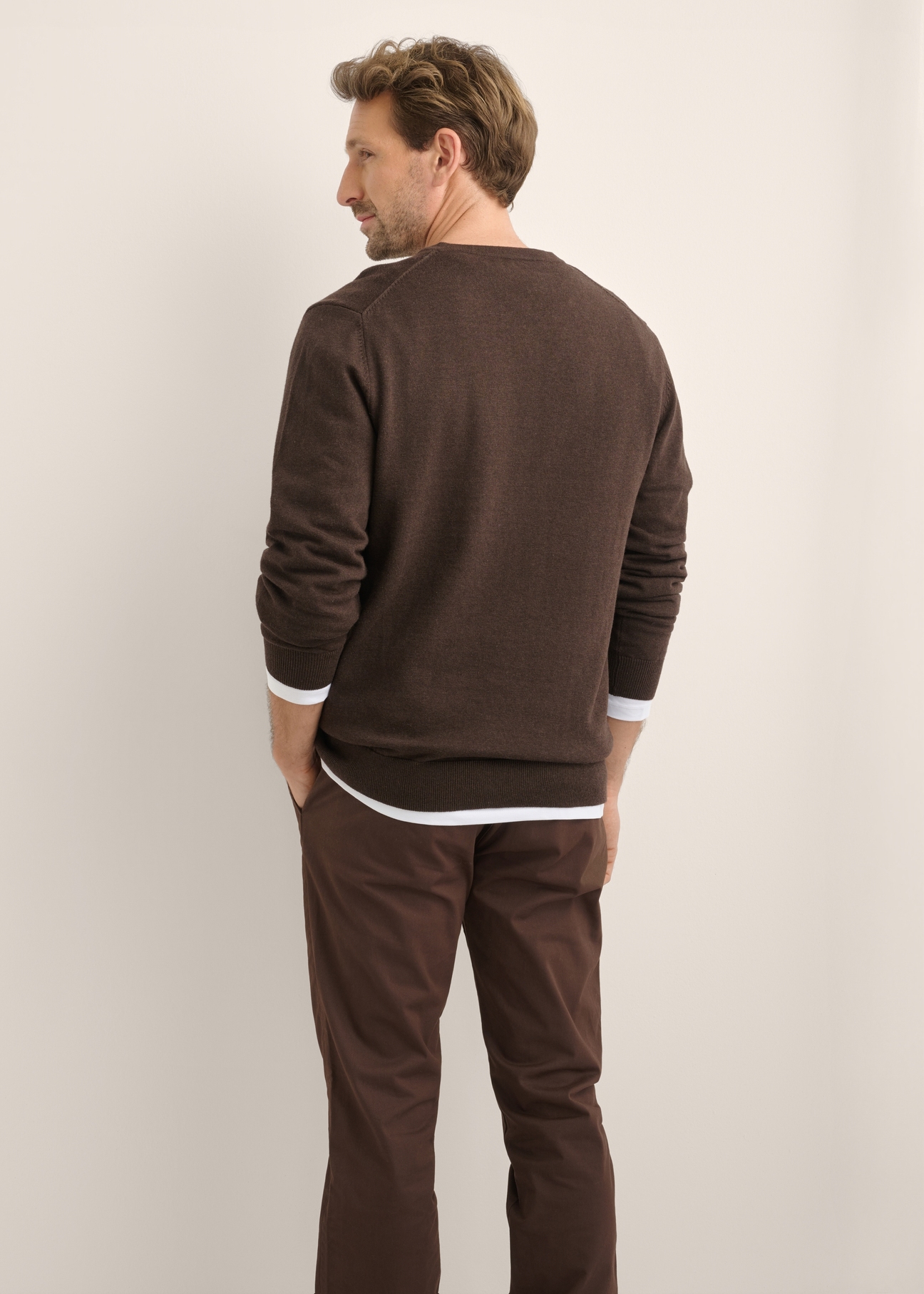 Dark brown men's sweater with logo SWEMT-0159A-1I(Z26), product view from the back on the model. Half of the silhouette visible.