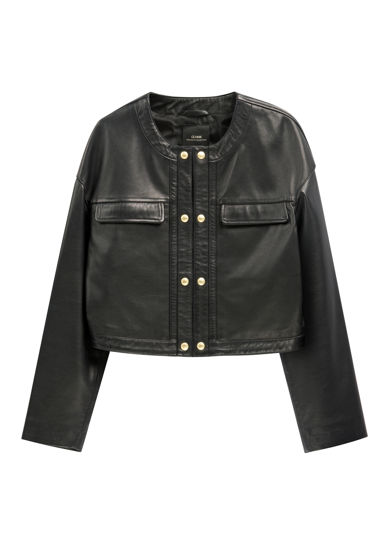 Women's short black leather jacket KURDS-0597-99(W26), front product view on white background.