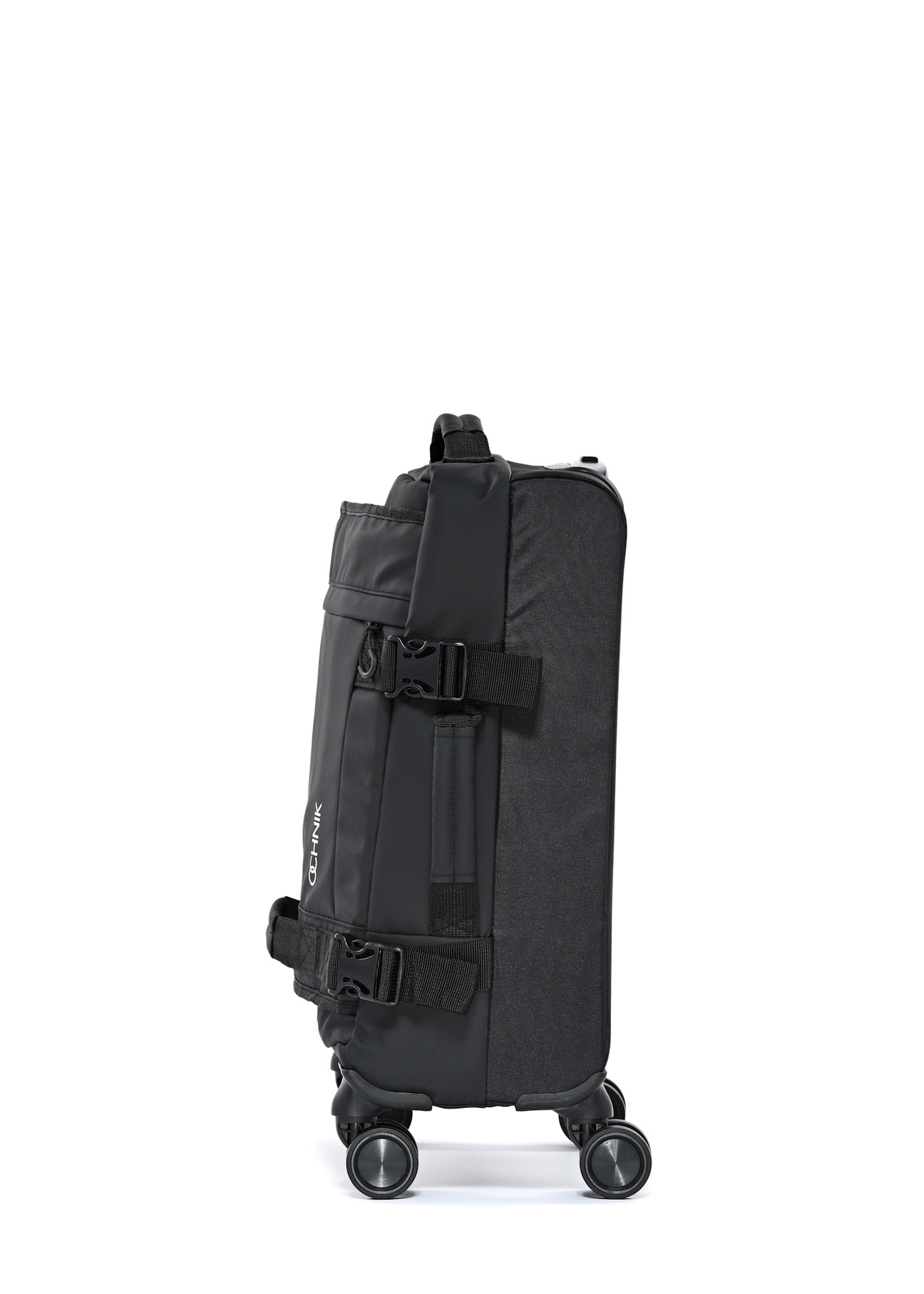 Small suitcase on wheels WALNY-0043-99-19(W25) in black with logotype side view on a white background.