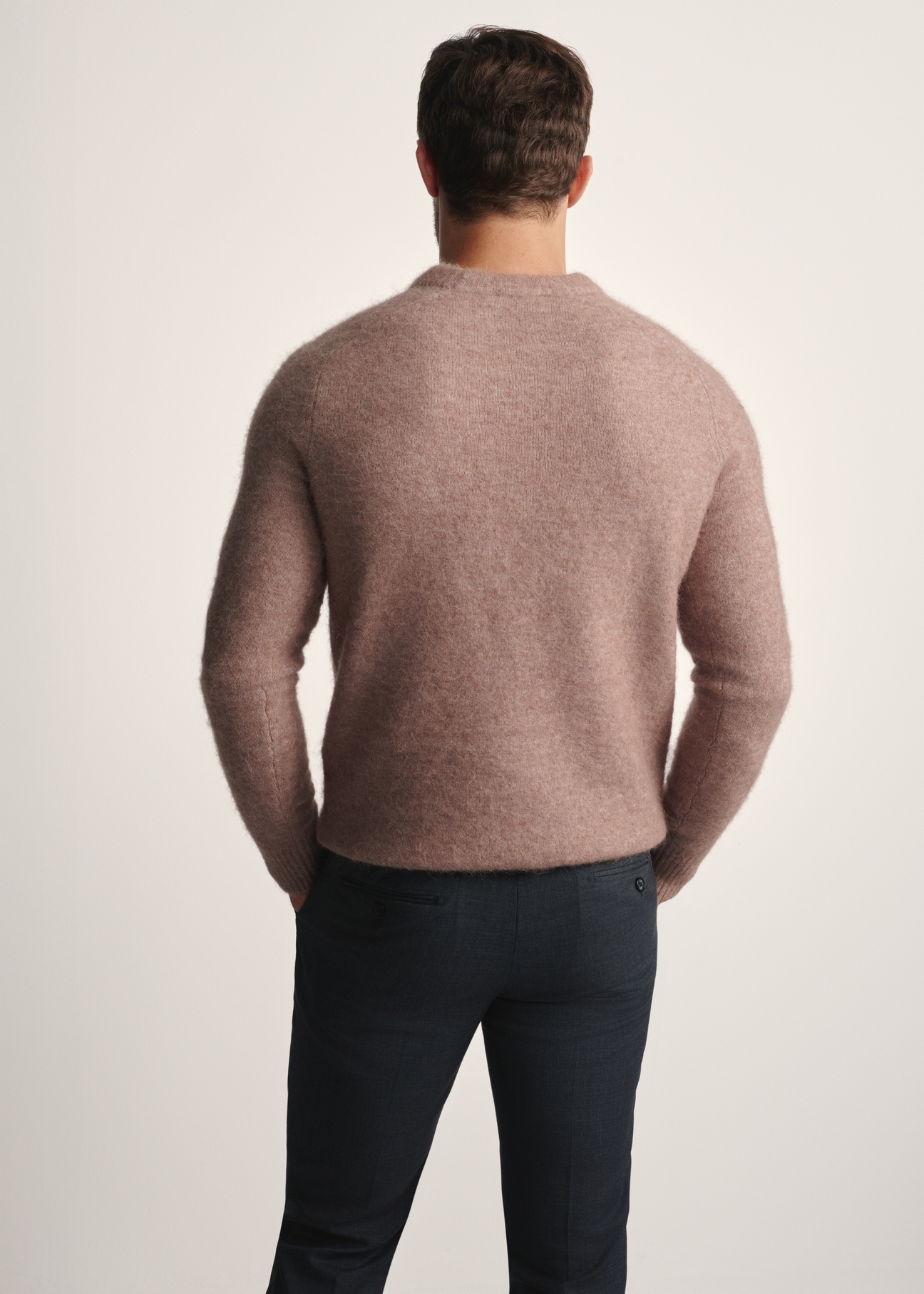 Men's camel wool sweater SWEMT-0171-24(Z25), back view of the product on the model. Half of the silhouette visible.