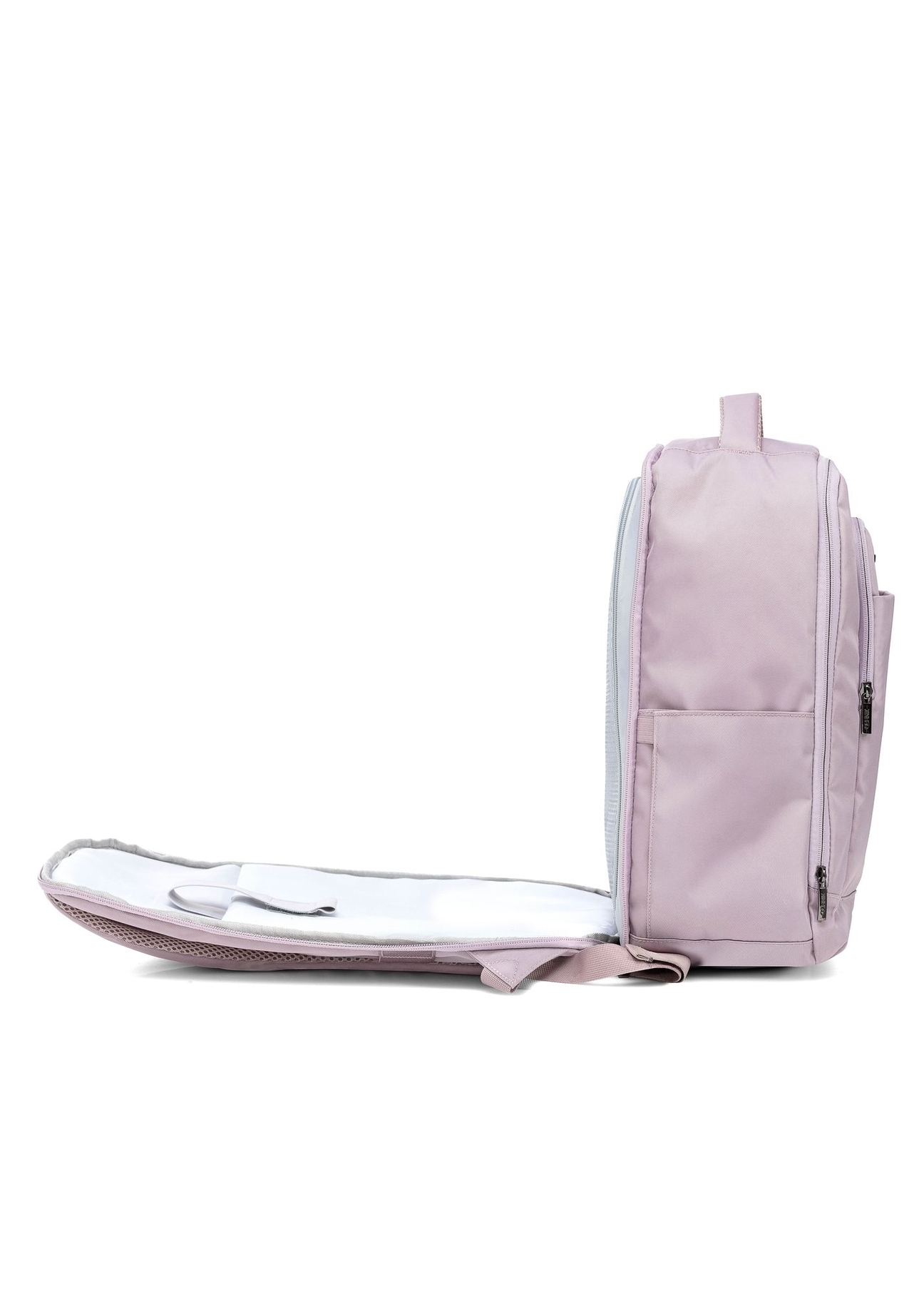 Pink backpack PLCMN-0014A-31(Z25), open product side view on white background.