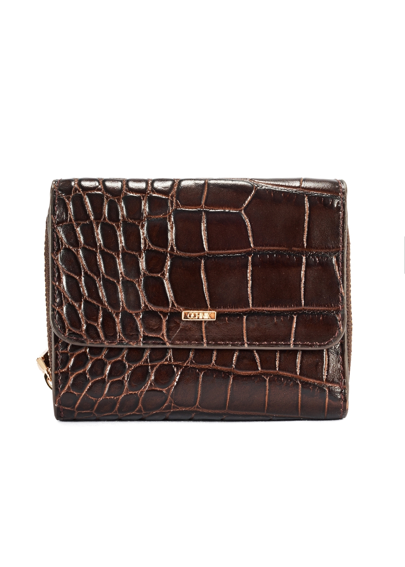 Brown women's croco wallet PORES-0953-89(W25) - front product view on white background.