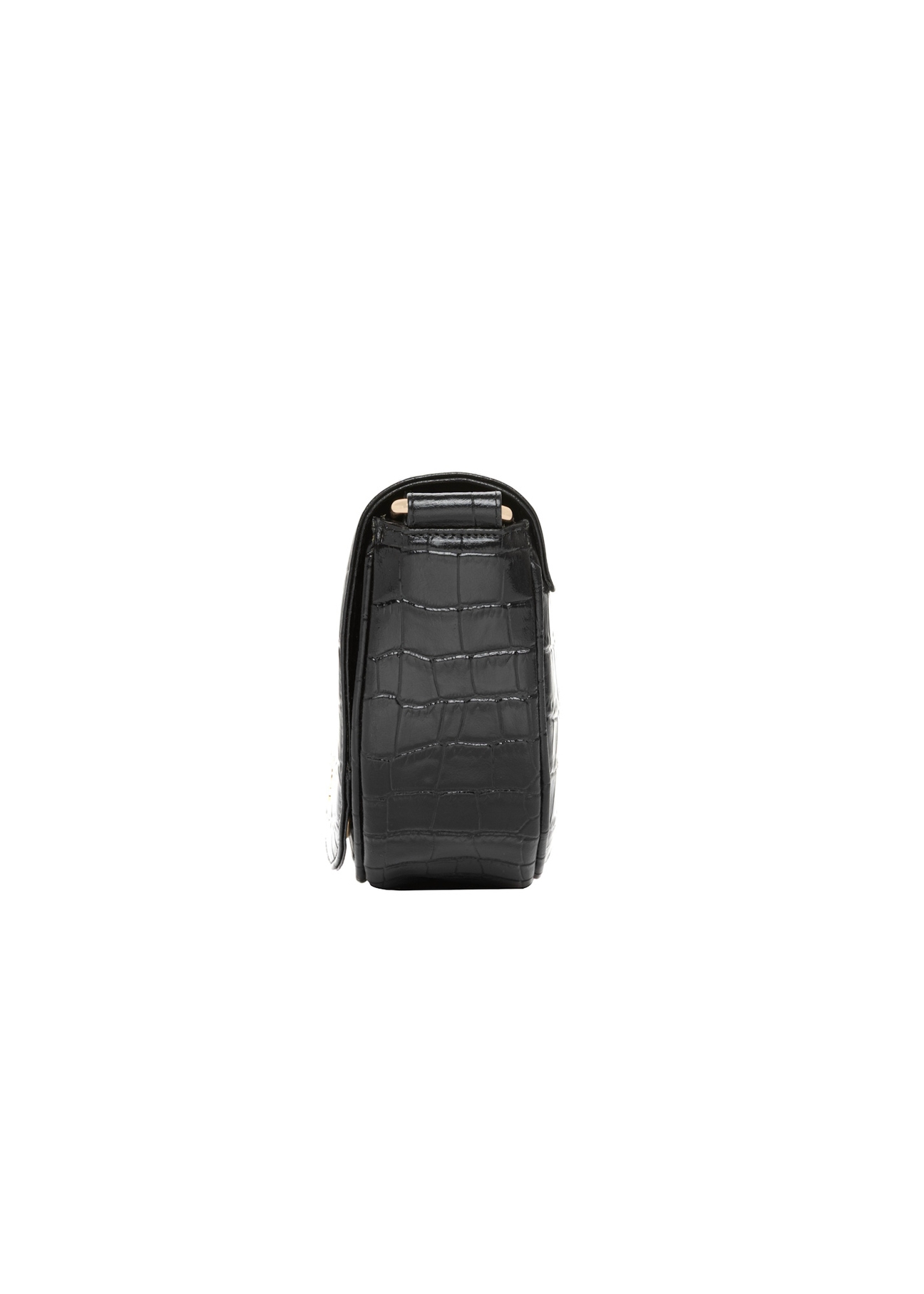 Black semi-circular croco women's handbag TORES-1328-9G(Z26), side product view on white background.