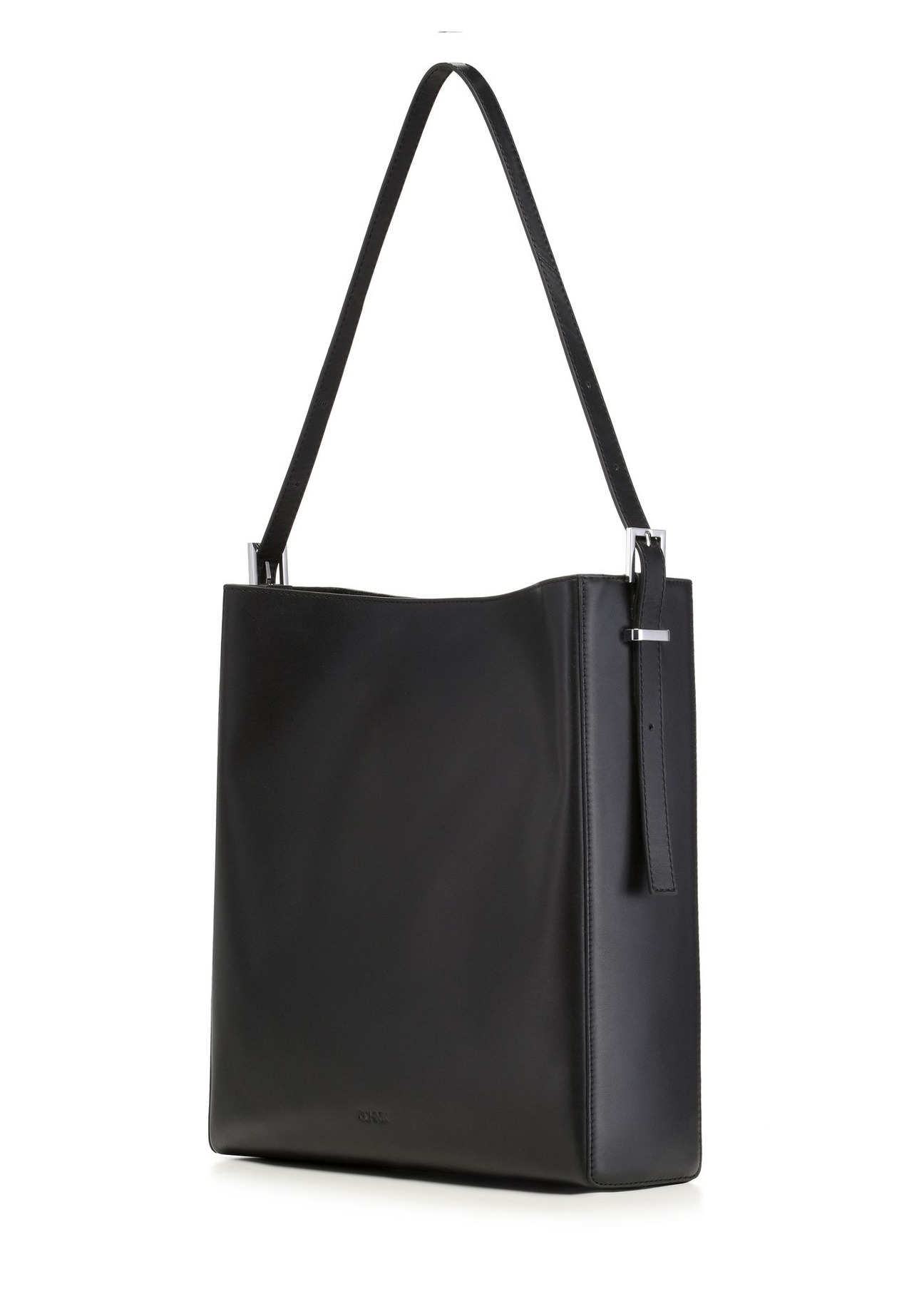 Black leather shopper bag TORES-1436-99(Z26) - diagonal product view, on a white background.