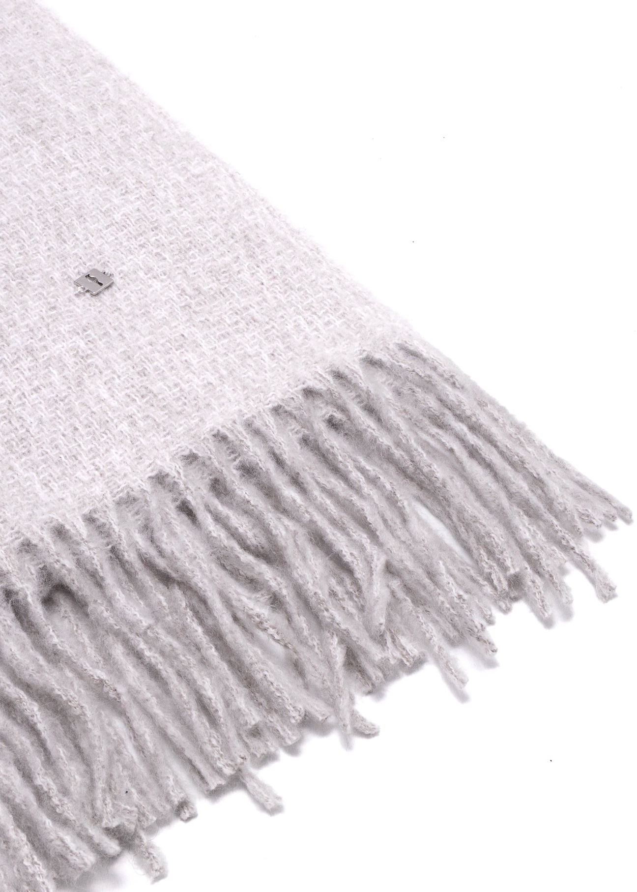 Gray women's scarf with fringes SZADT-0209-91(Z25), close-up of the product detail on a white background.