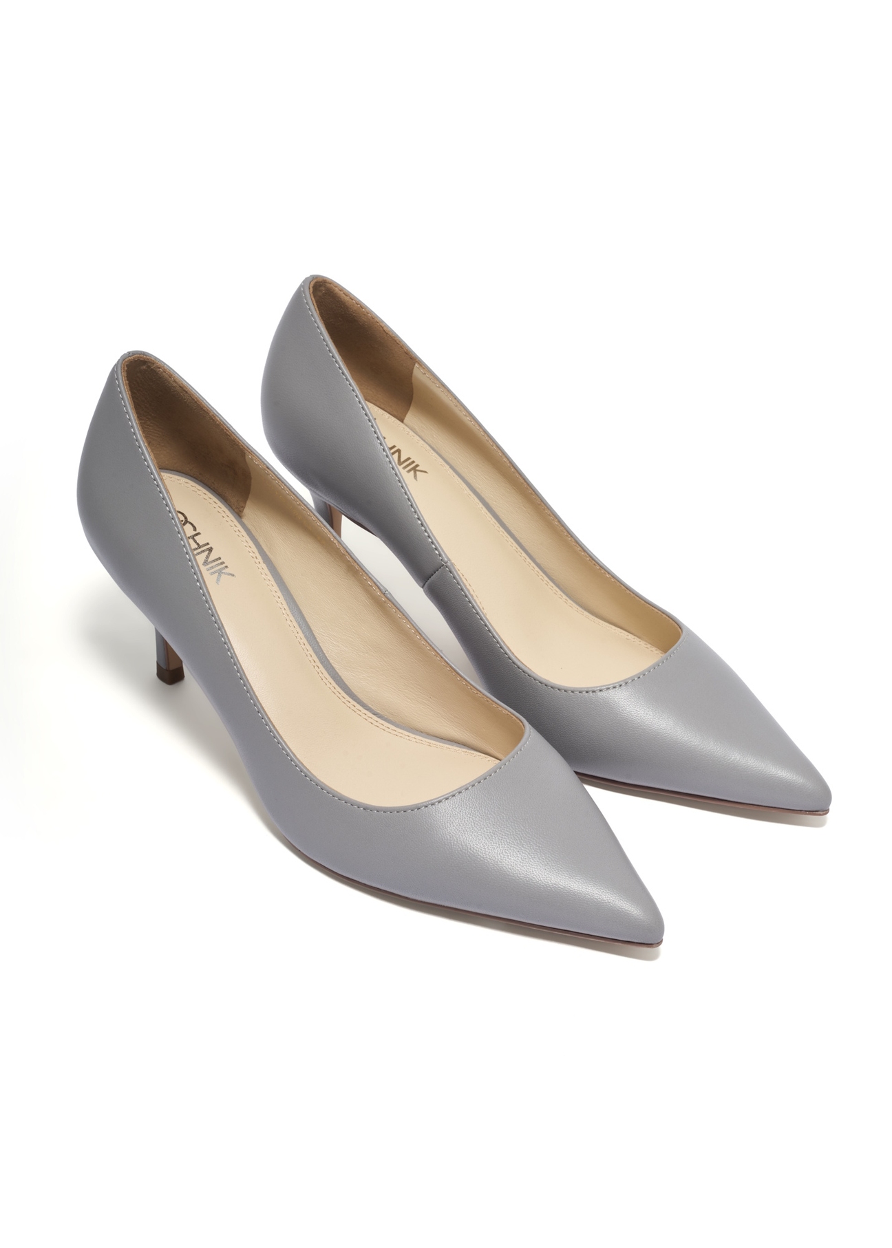 Women's gray leather pumps BUTYD-1031A-9B(Z26), diagonal product view on white background.