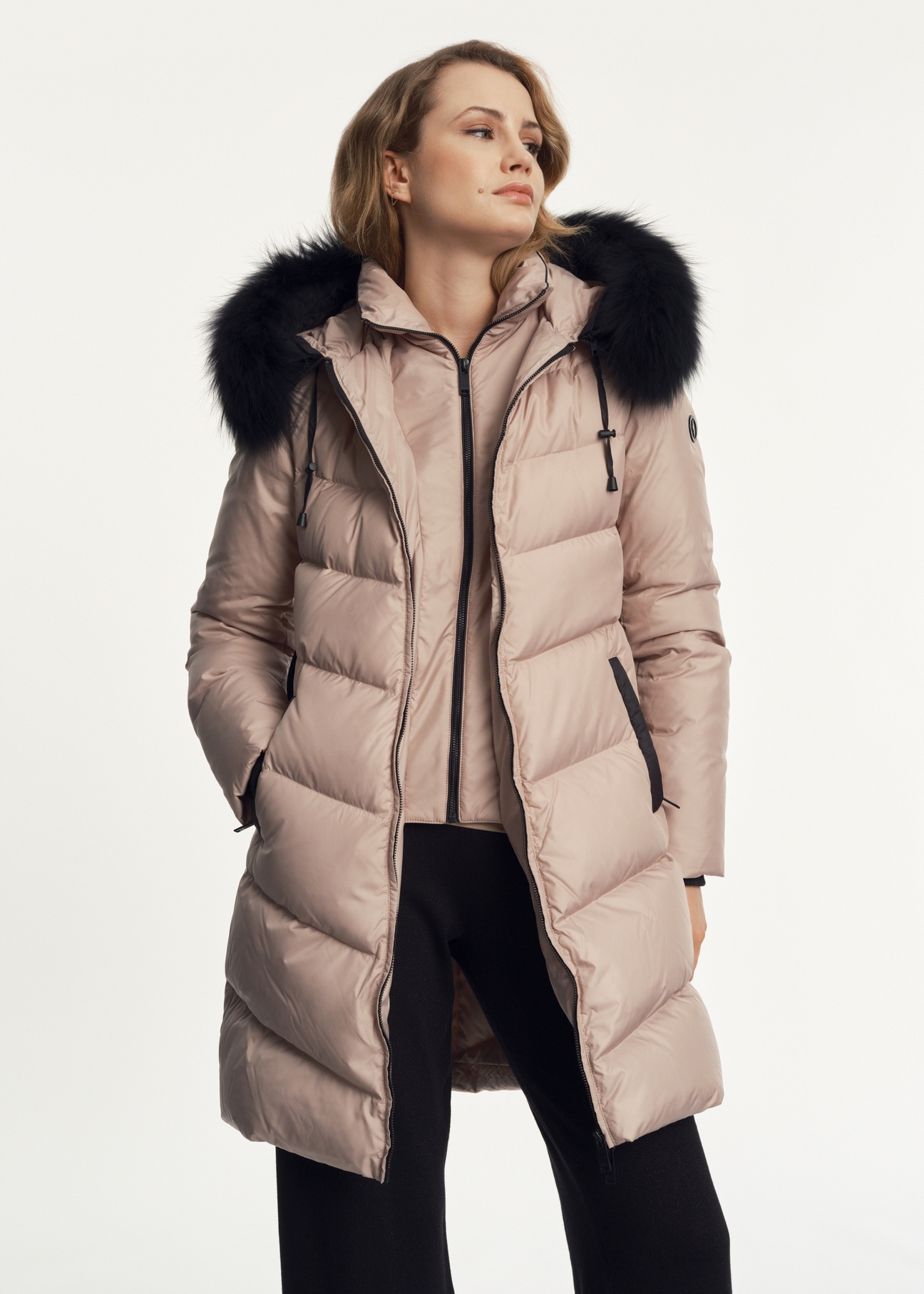 Beige women's jacket with fur KURDT-0465-81(Z23)-01