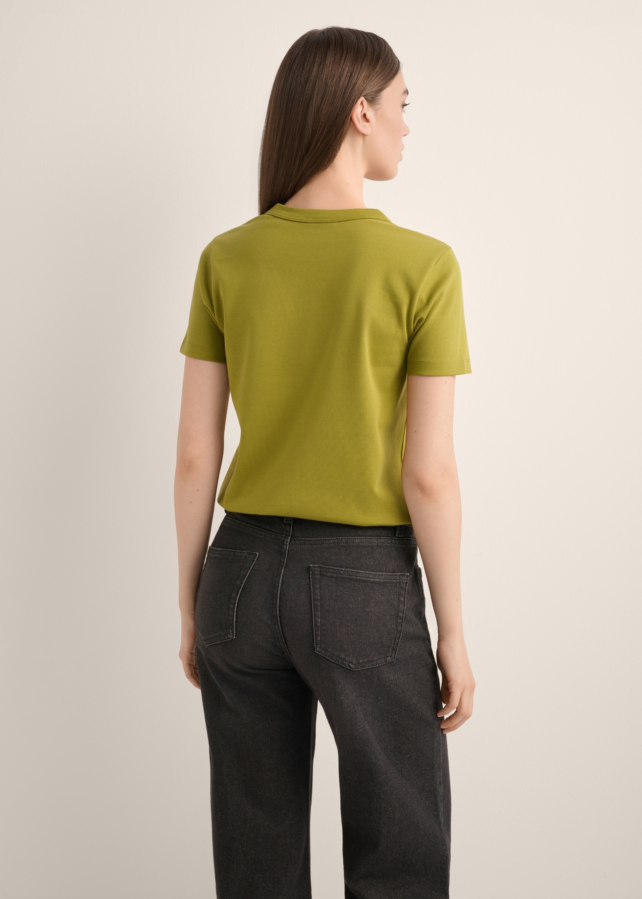 Women's olive cotton T-shirt TSHDT-0144-8E(Z26), product view from the back on the model. Half of the silhouette visible.