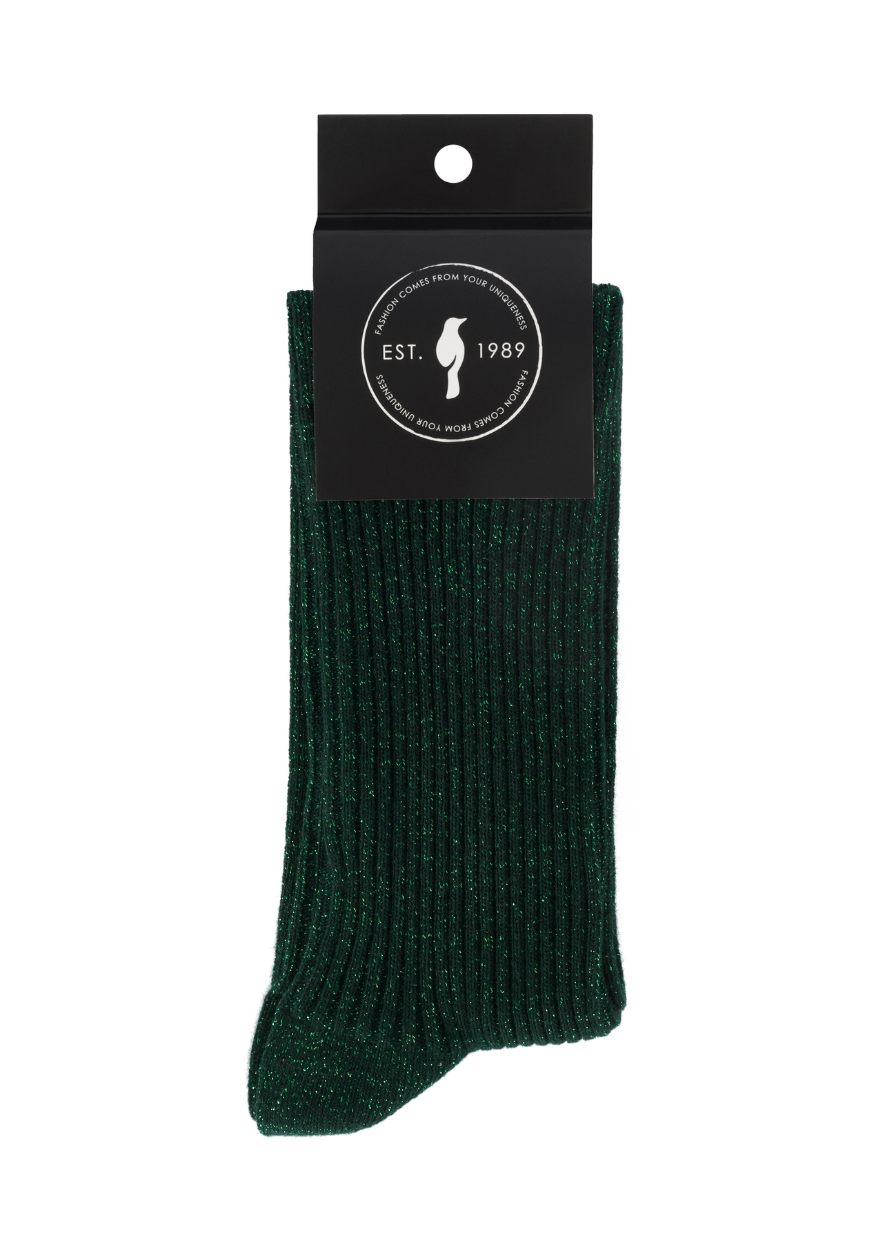 Green shiny women's socks SKADT-0074-51(Z25), product view in packaging on white background.