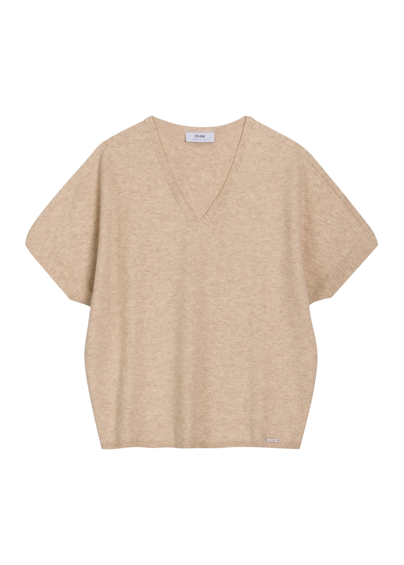 Beige knitted women's blouse BLUDT-0214-1A(Z26) - front product view, on white background.