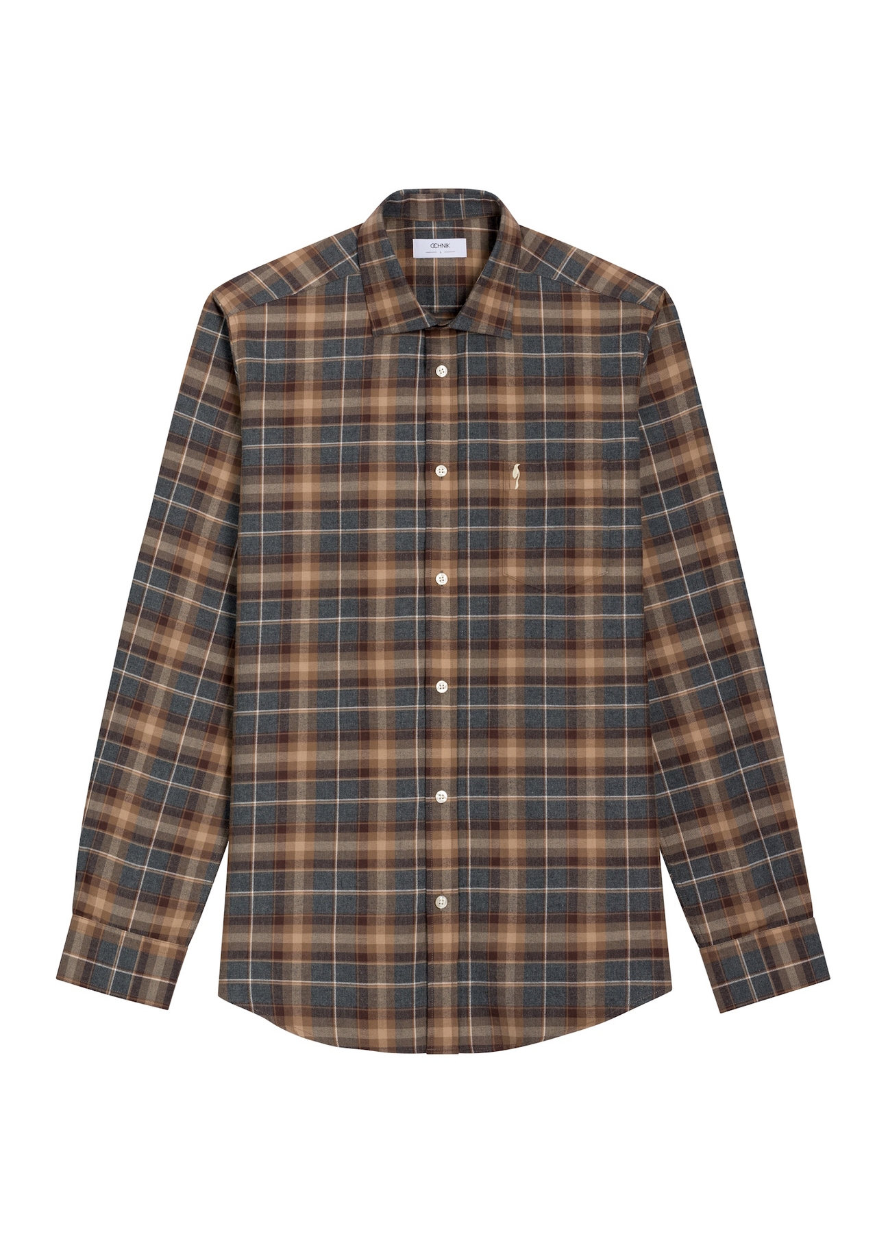Men's camel checkered shirt KOSMT-0370-1D(Z26), front product view on white background.