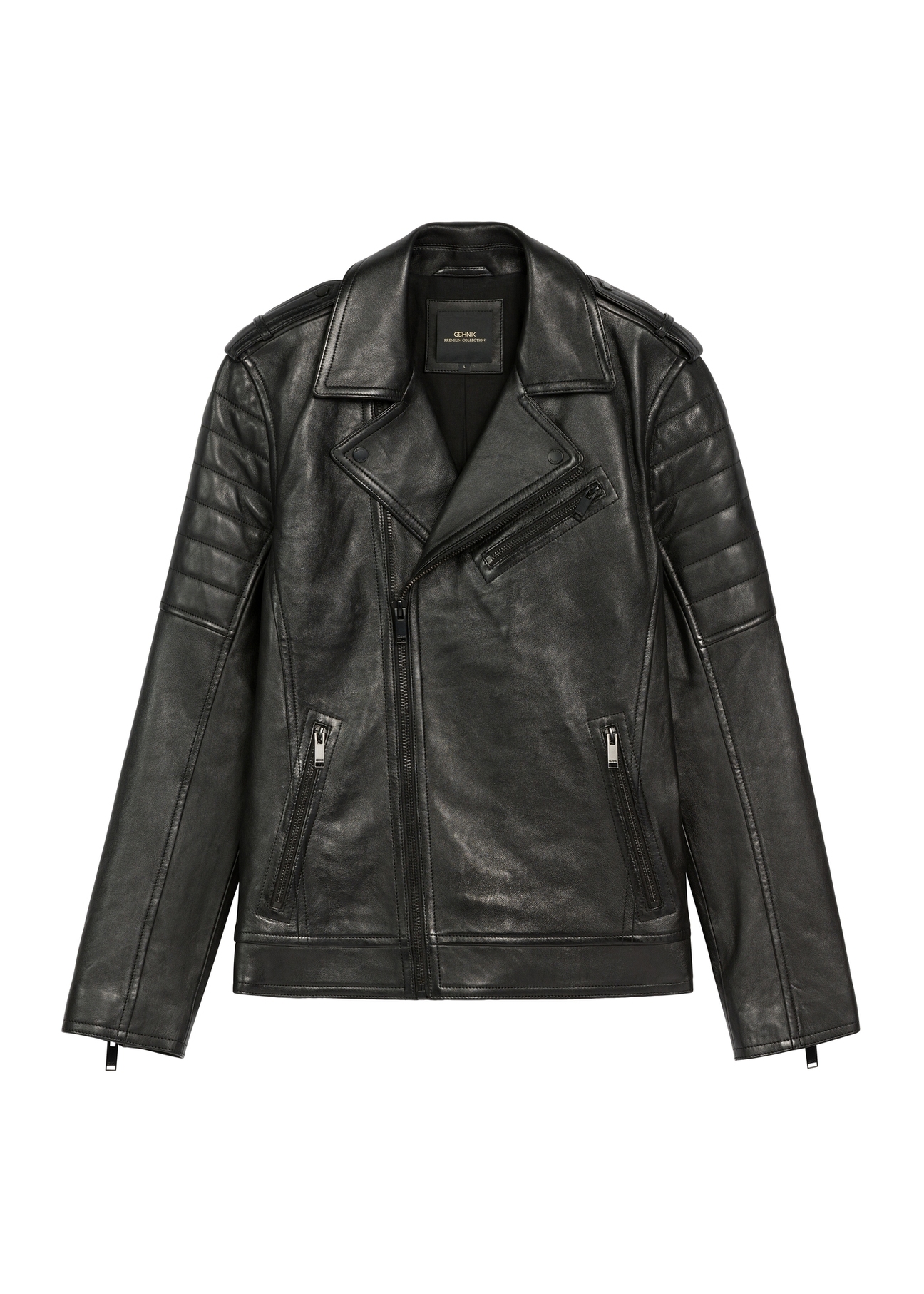 Men's black leather biker jacket KURMS-0391-99(W26), front product view on white background.