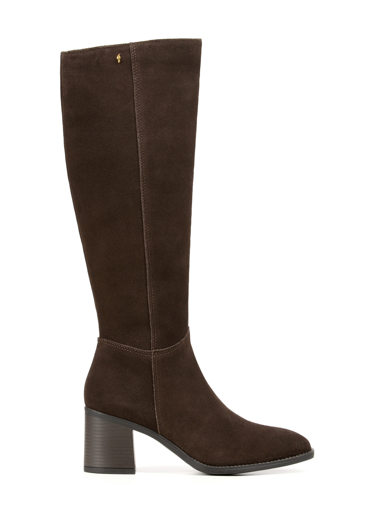 Brown suede high-heeled boots BUTYD-1100-89(Z25), product view from the side on a white background.