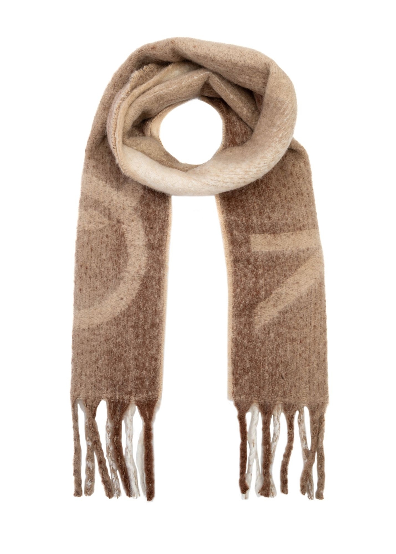Beige women's checkered scarf SZADT-0207-24(Z25), product view from the front on a white background.