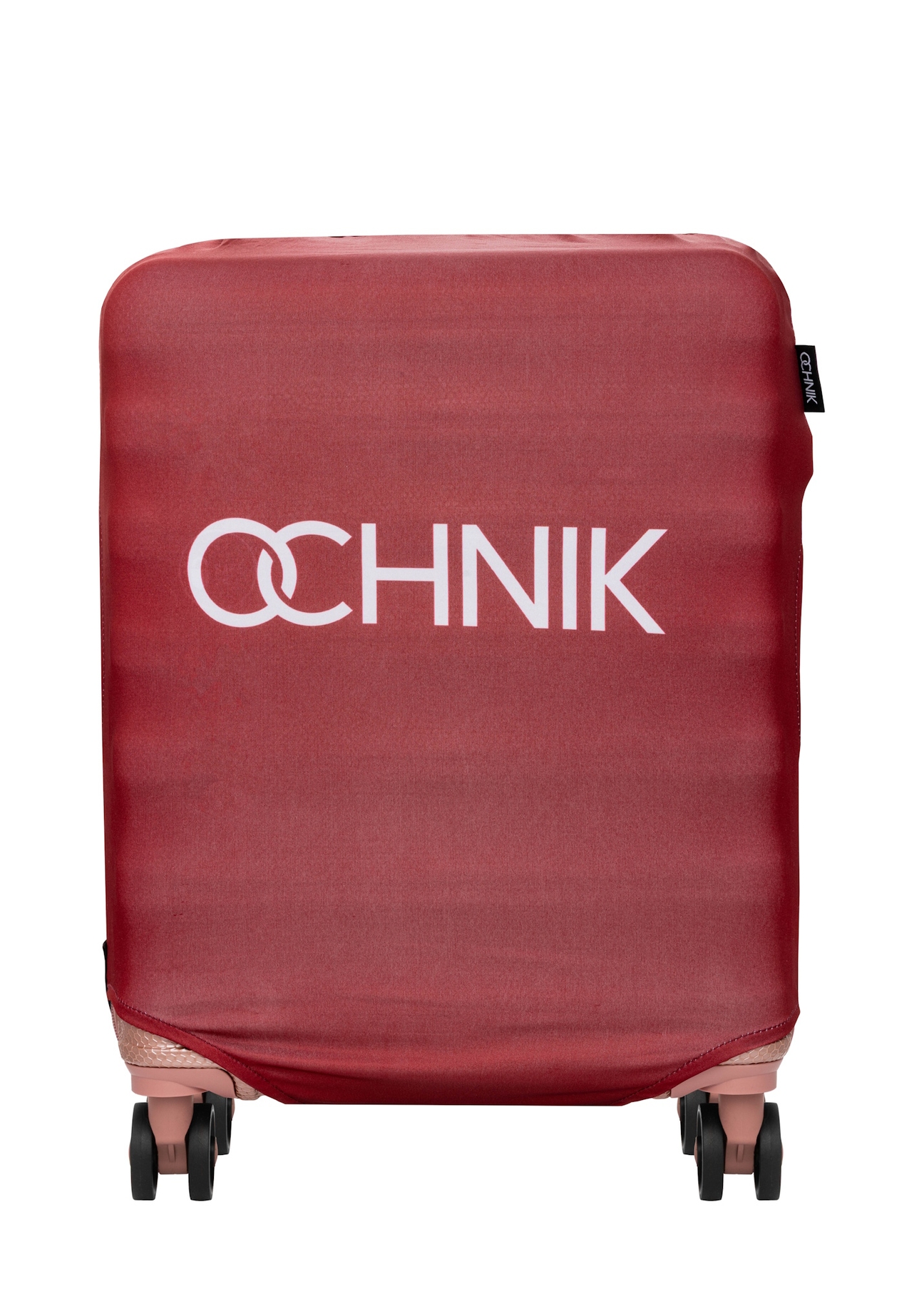 Red cover for a small suitcase with the AW-013-0002-4B-S(W26) logo, front product view on the suitcase.