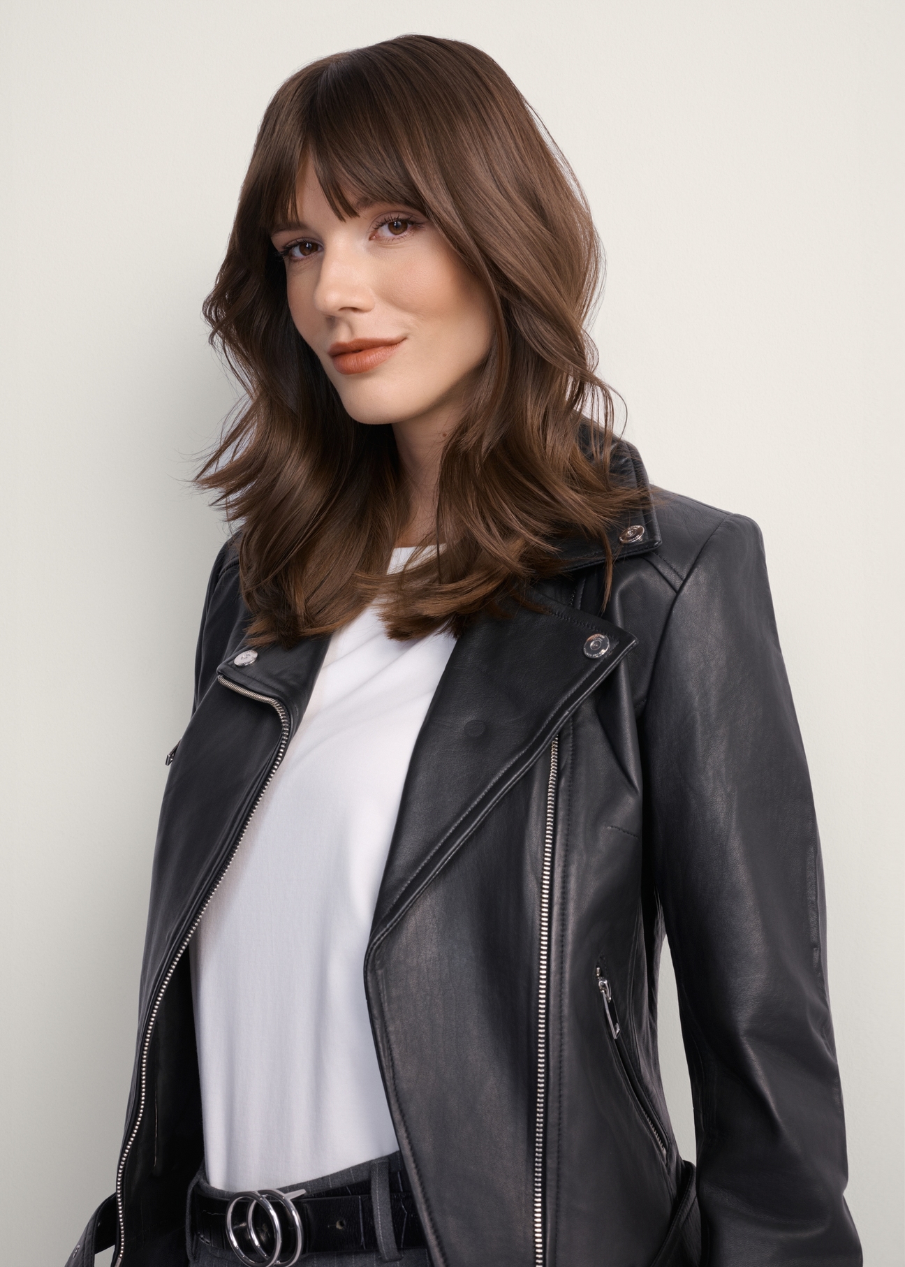 Women's leather biker jacket KURDS-0274-5491(KS), close-up of the product on the model.