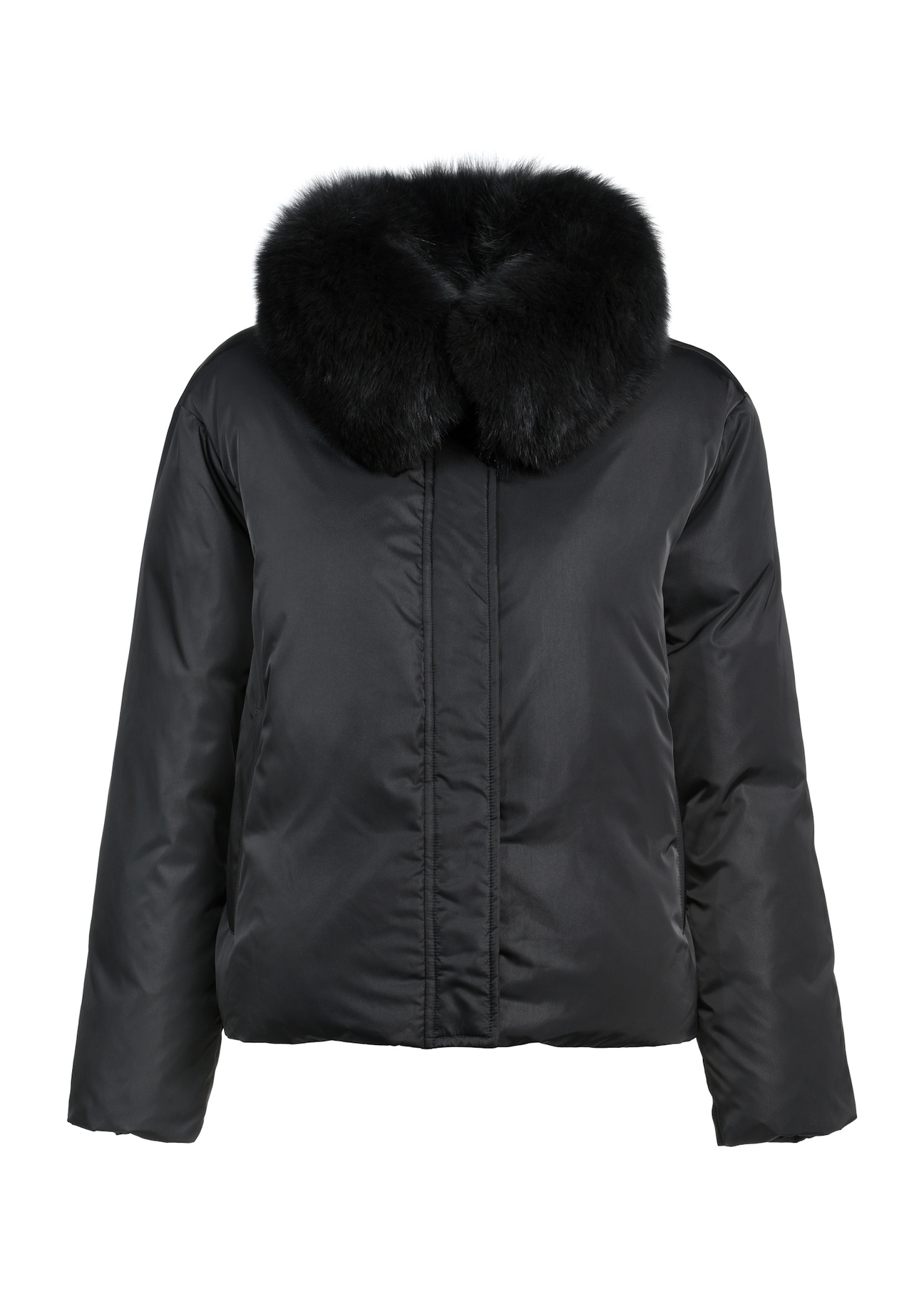 Black women's winter jacket with natural fur KURDT-0593-99(Z25) - front product view on white background.