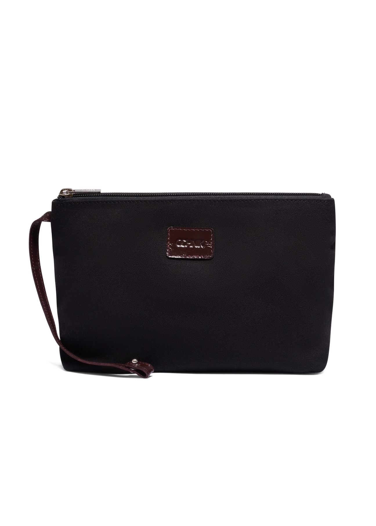 Burgundy leather shopper bag TORES-1372-4D(Z26), cosmetic bag front view on white background.
