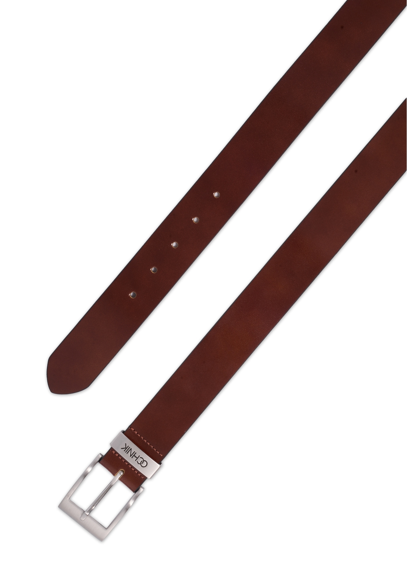 Men's cognac-colored leather belt PASMS-0127-1F(Z26), top view on a white background.