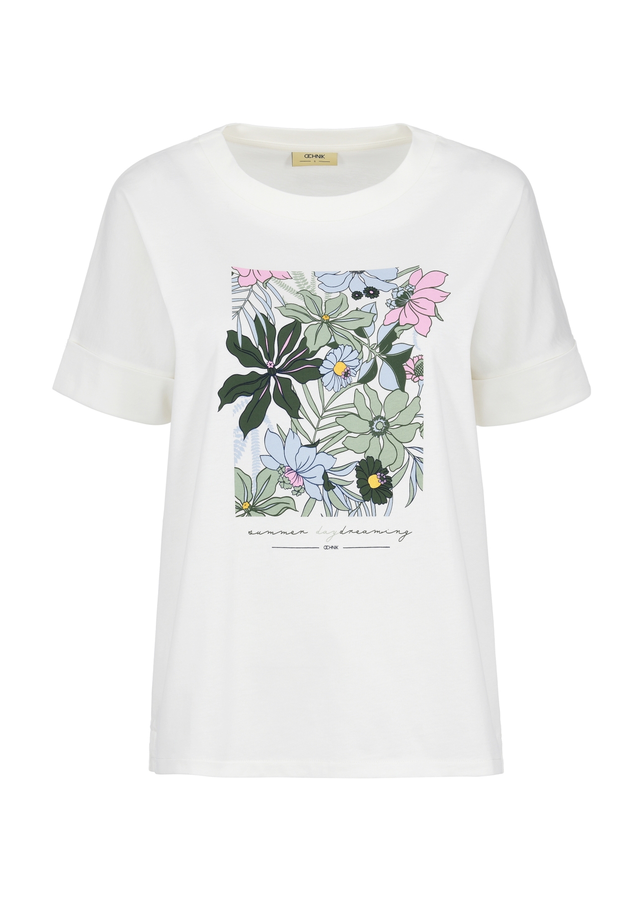 Cream Women's T-shirt with floral print TSHDT-0122-12(W24)-04